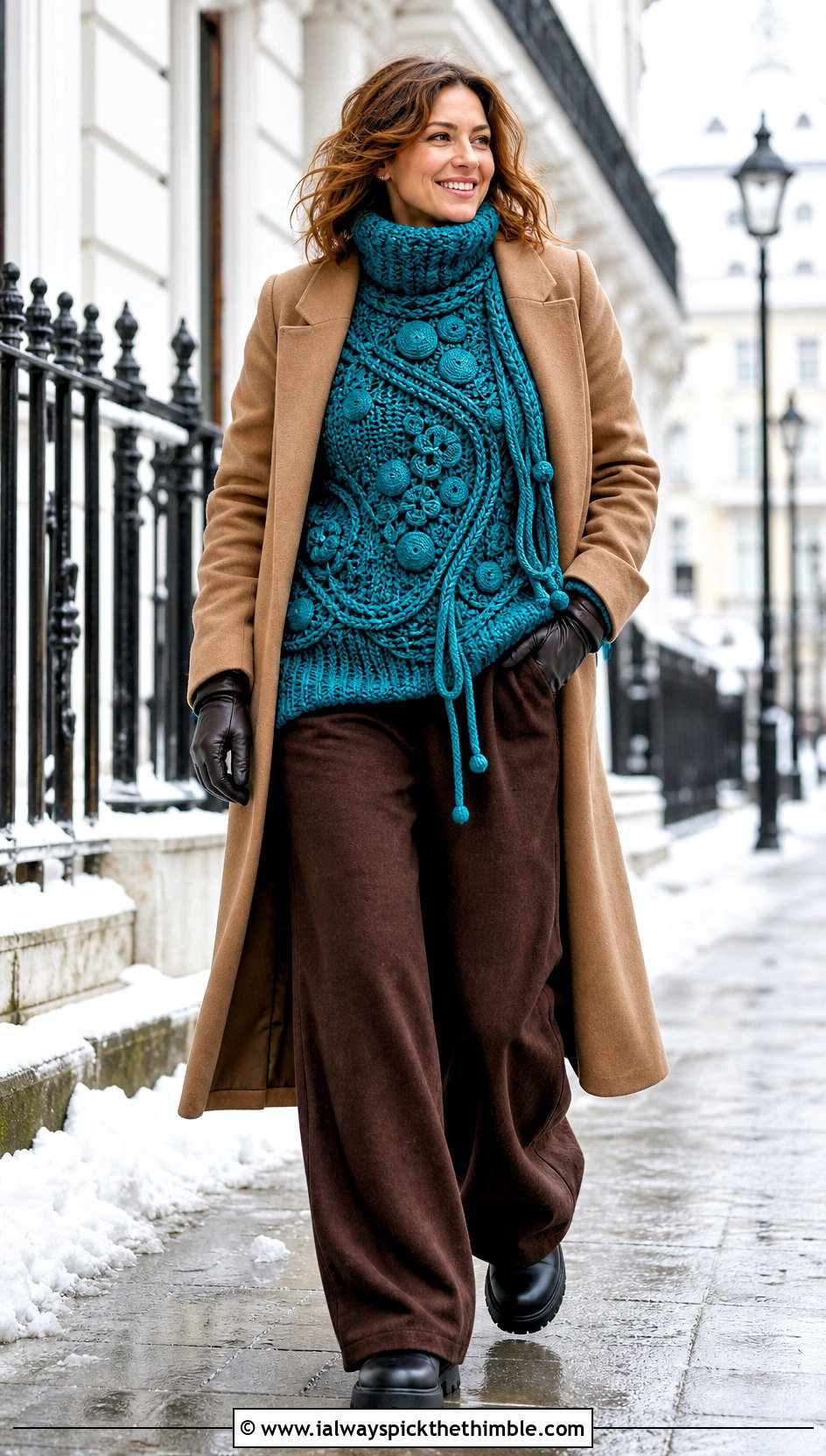 Chunky Turtleneck Freeform Crochet Sweater With Wide Leg Pants - 20 freeform crochet sweater outfit ideas