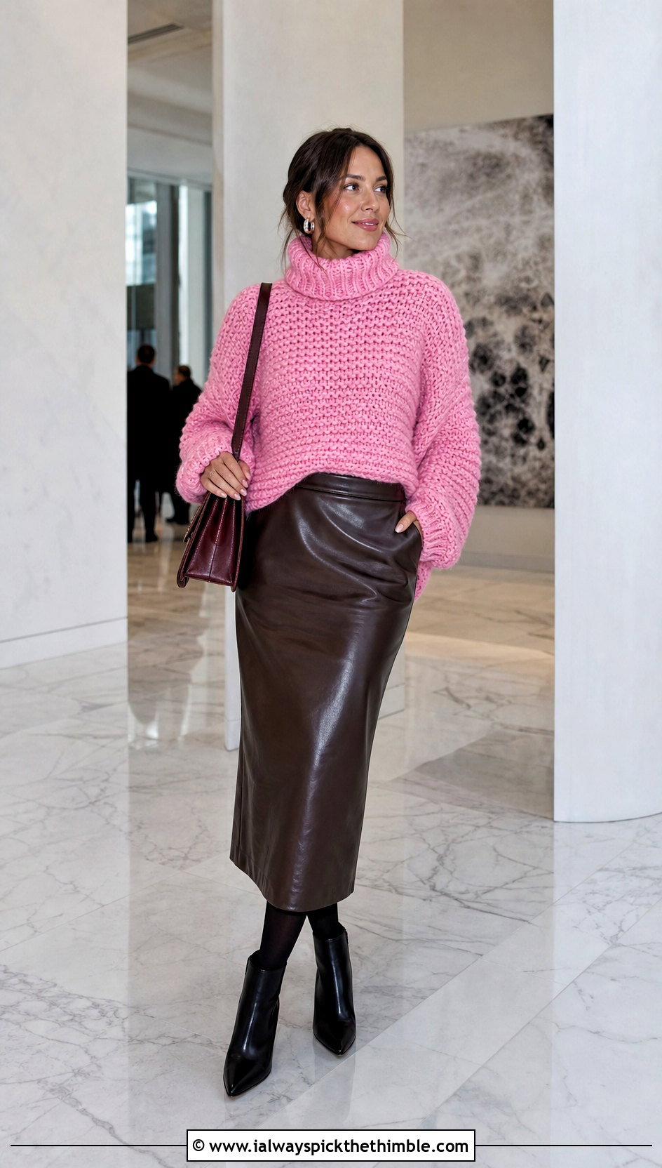 Chunky Turtleneck Soft Crochet Sweater With Leather Midi Skirt - 15 Soft Crochet Sweater outfit ideas