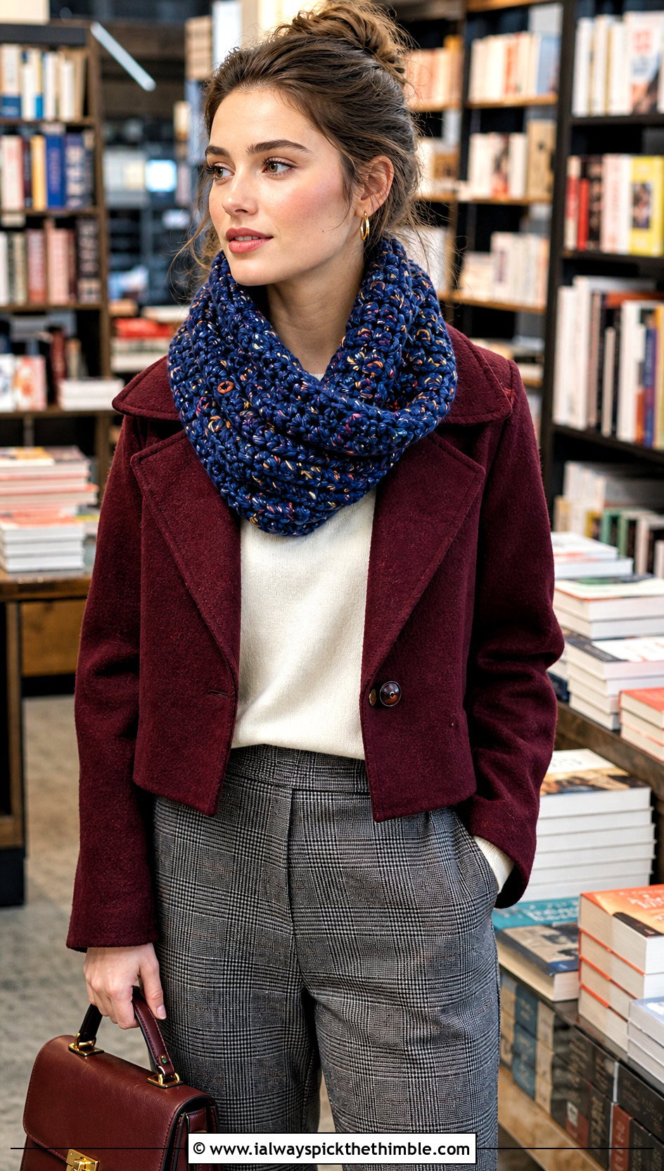Chunky Tweed Crochet Cowl With Plaid Trousers - 20 crochet chunky cowl outfit ideas