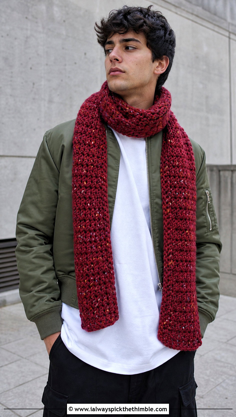 Chunky Tweed Crochet Scarf With Bomber Jacket - 15 Tweed Men's Crochet Scarf outfit ideas