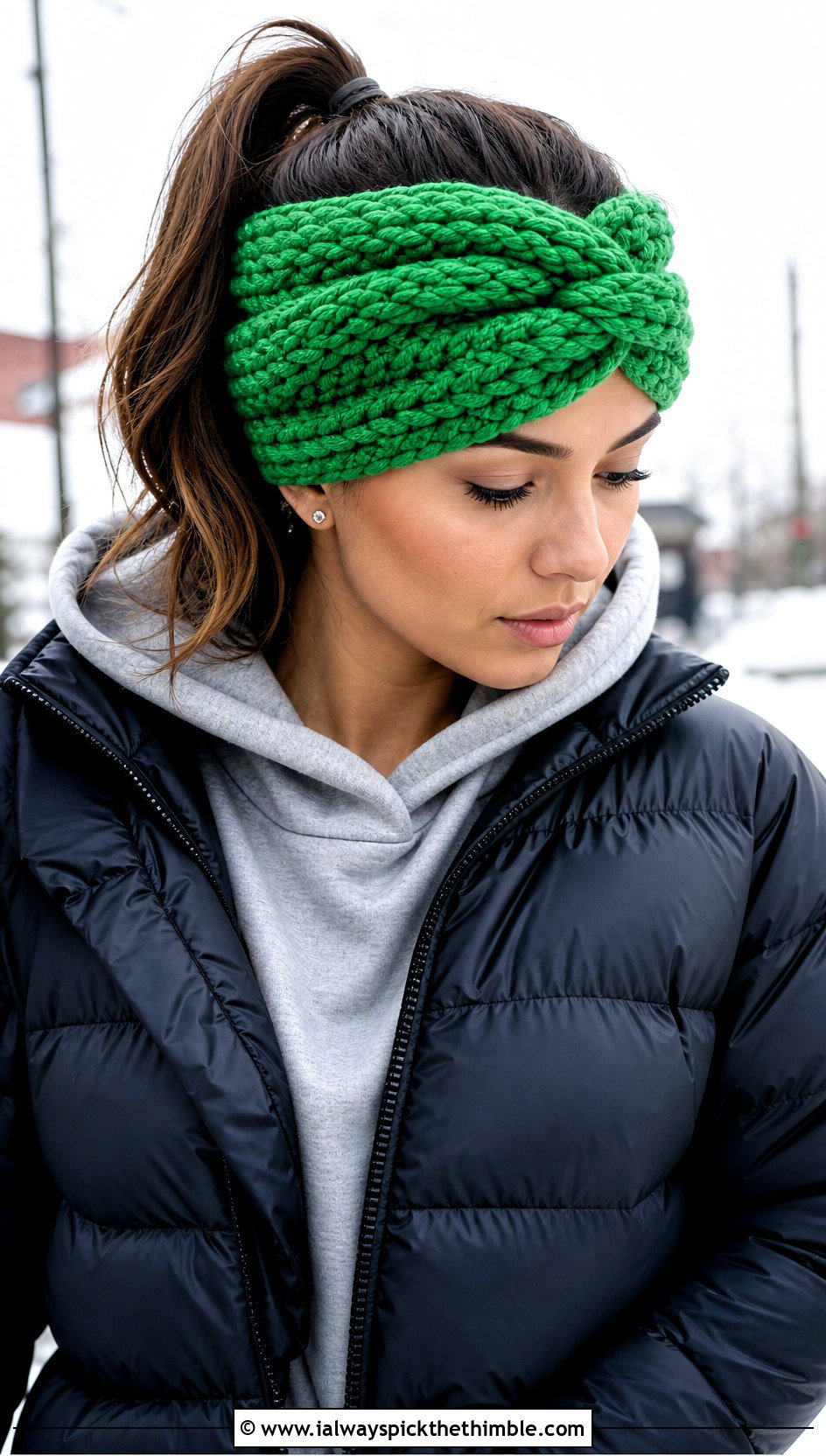 Chunky Twisted Knot Crochet Headband With Puffer Jacket - 15 Twisted Knot Crochet Headband outfit ideas