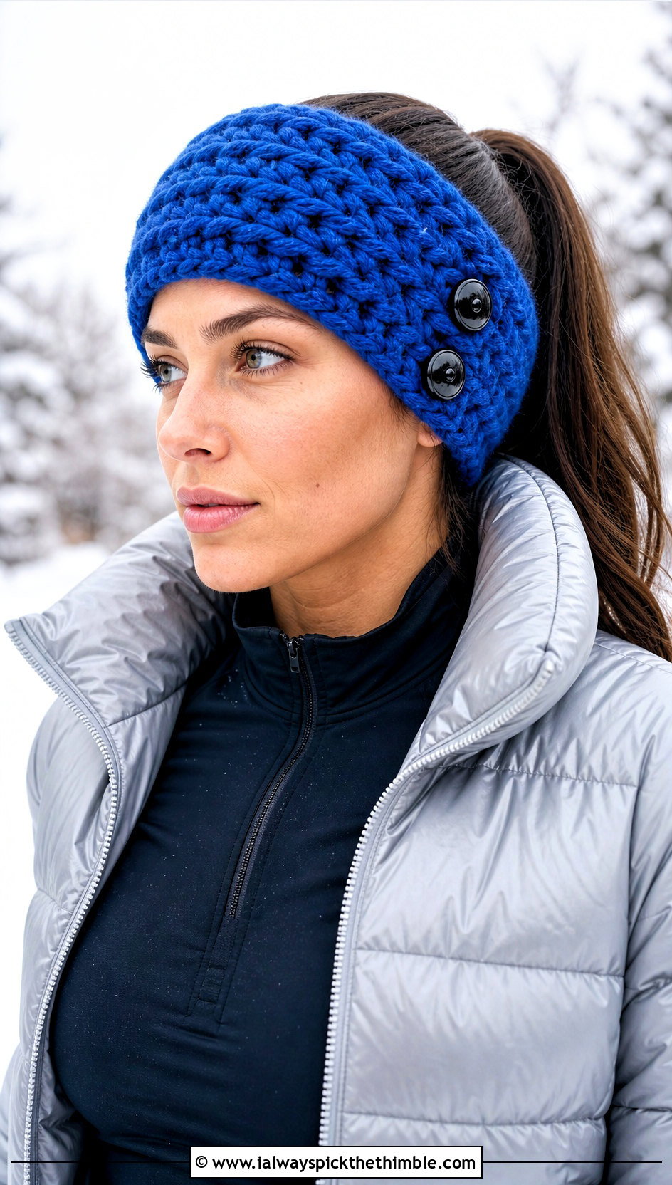 Chunky Two Button Crochet Ear Warmer With Puffer Jacket And Leggings - 15 Crochet Button Headband outfit ideas
