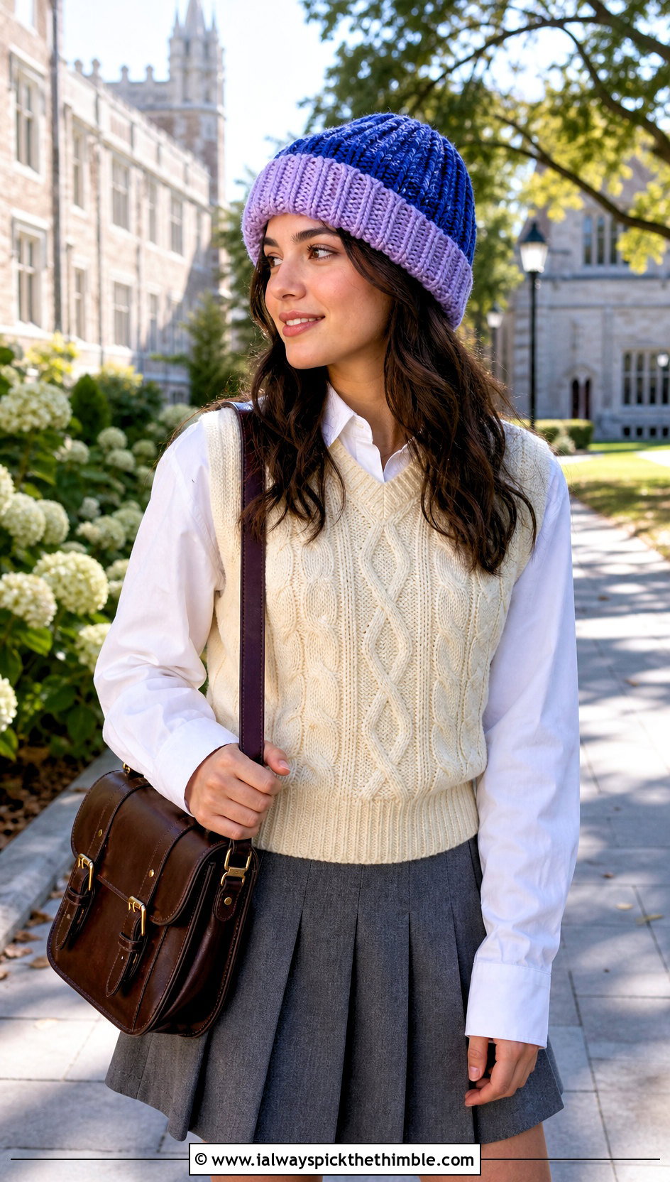Chunky Two Tone Crochet Beanie With Collegiate Outfit - 25 chunky crochet beanie outfit ideas