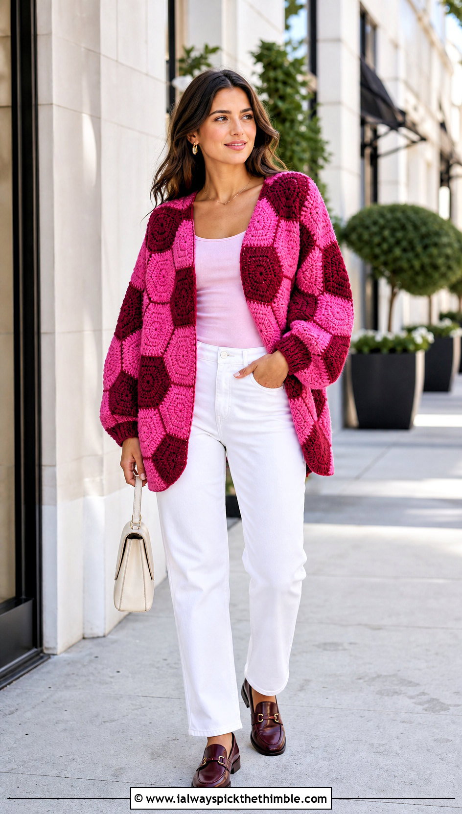 Chunky Two Tone Hexagon Cardigan With White Jeans - 20 chunky crochet hexagon cardigan outfit ideas