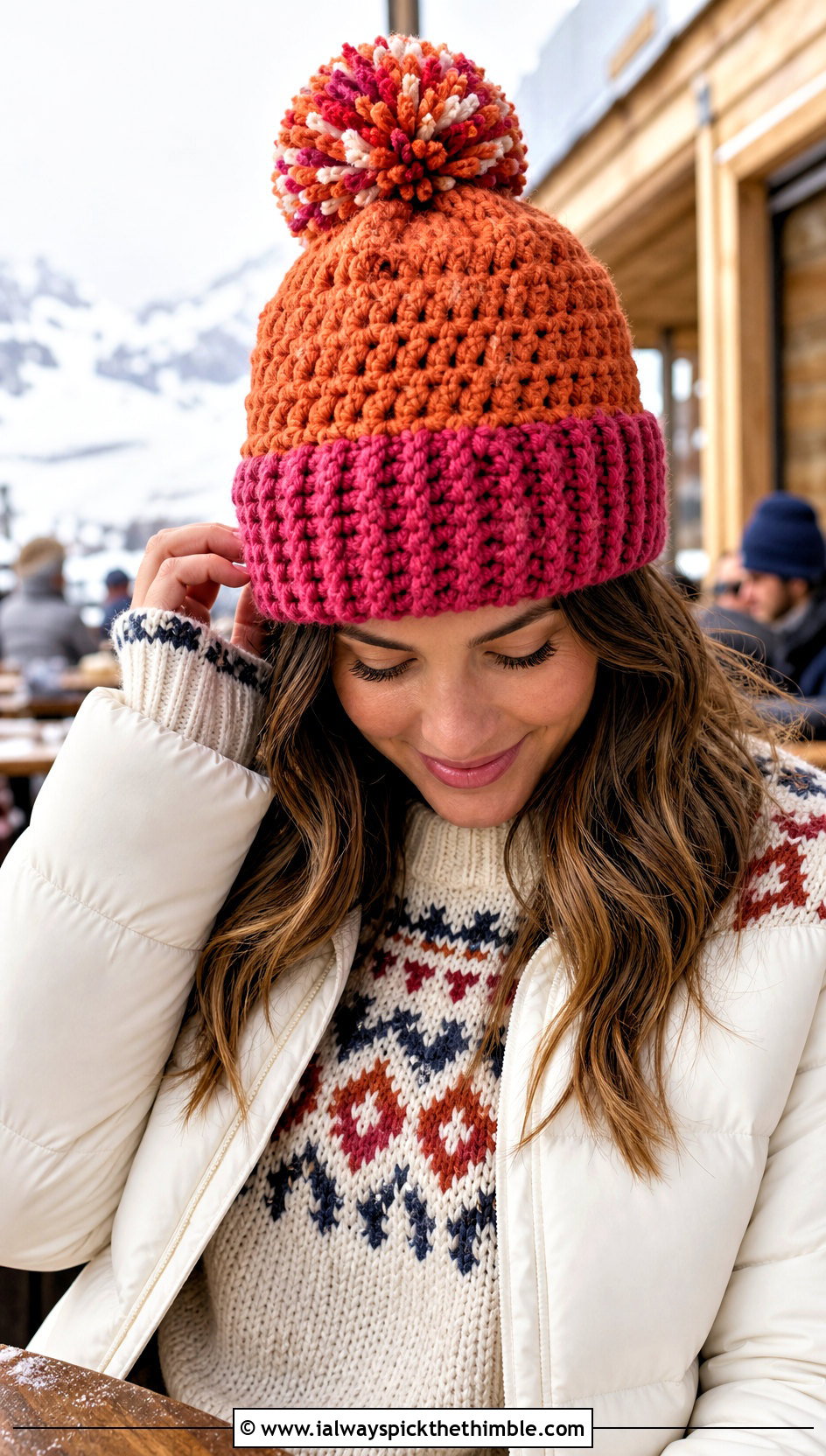 Chunky Two Tone Pom Beanie With Ski Lodge Outfit - 20 chunky yarn crochet beanie outfit ideas