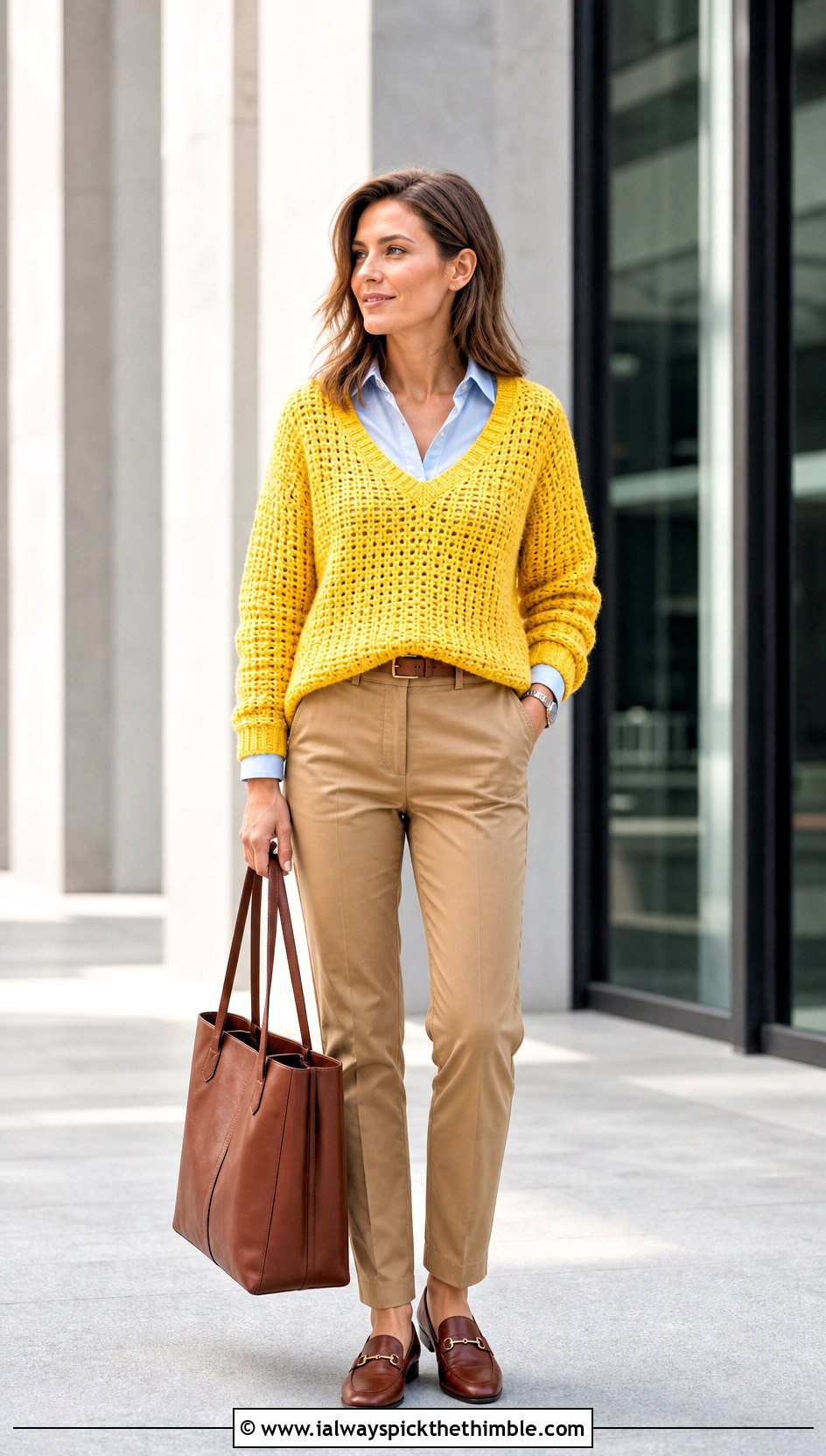 Chunky V Neck Crochet Sweater With Collared Shirt And Chinos - 20 chunky yarn crochet sweater outfit ideas