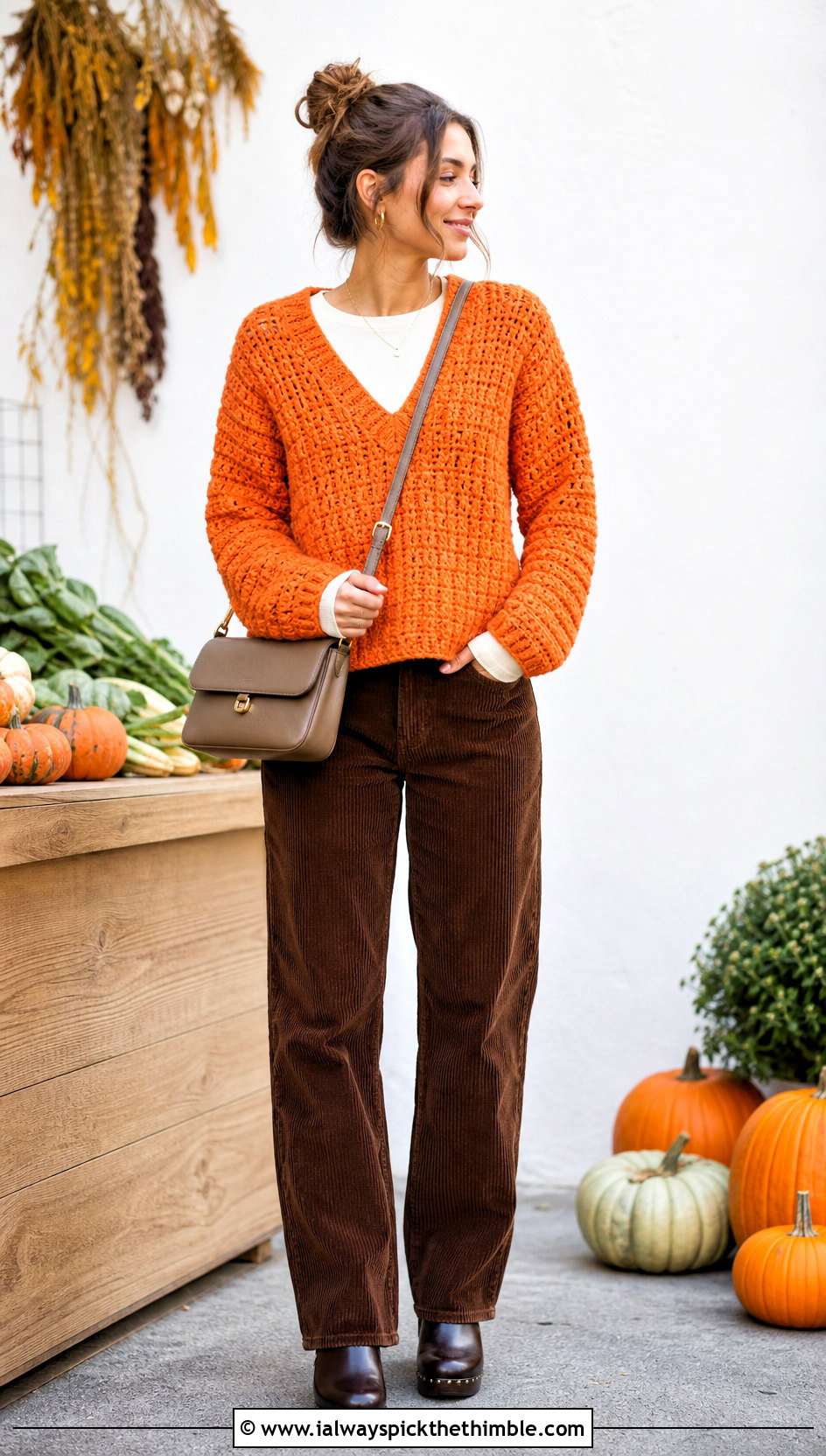 Chunky V Neck Crochet Sweater With Corduroy Pants - 25 v neck crochet sweater outfit ideas