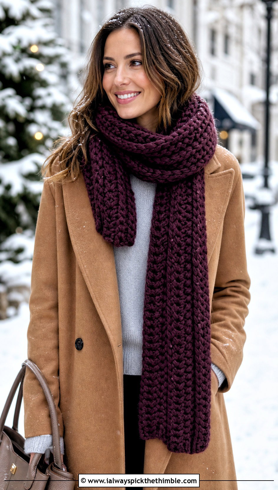 Chunky V Stitch Crochet Scarf With Wool Coat - 20 v stitch crochet scarf outfit ideas