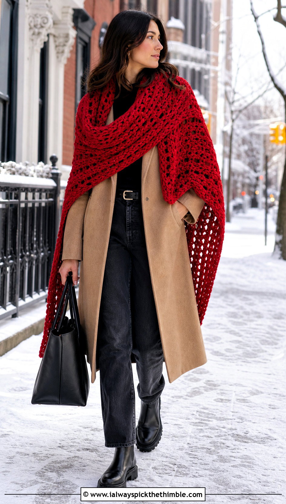 Chunky V Stitch Crochet Shawl With Wool Coat And Jeans - 20 V Stitch Crochet Shawl outfit ideas