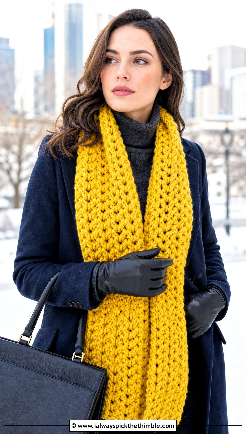 Chunky V Stitch Scarf With Wool Coat - 20 crochet v stitch scarf outfit ideas
