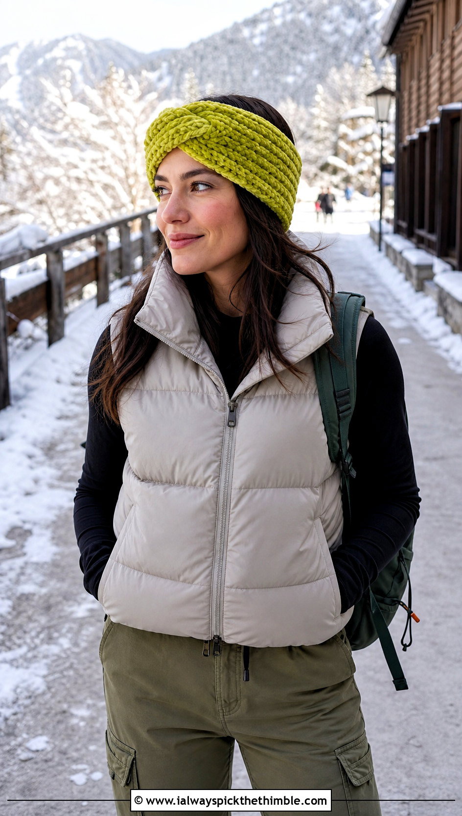 Chunky Velvet Twist Crochet Headband With Puffer Vest And Cargo Pants - 20 Velvet Twist Crochet Headband outfit ideas