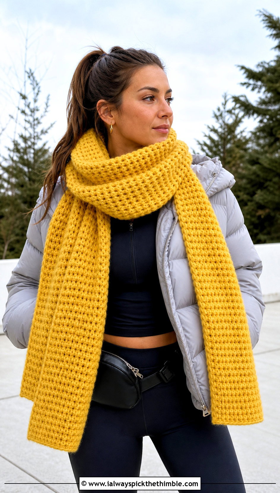 Chunky Waffle Crochet Scarf With Puffer Jacket And Leggings - 20 Waffle Crochet Scarf outfit ideas