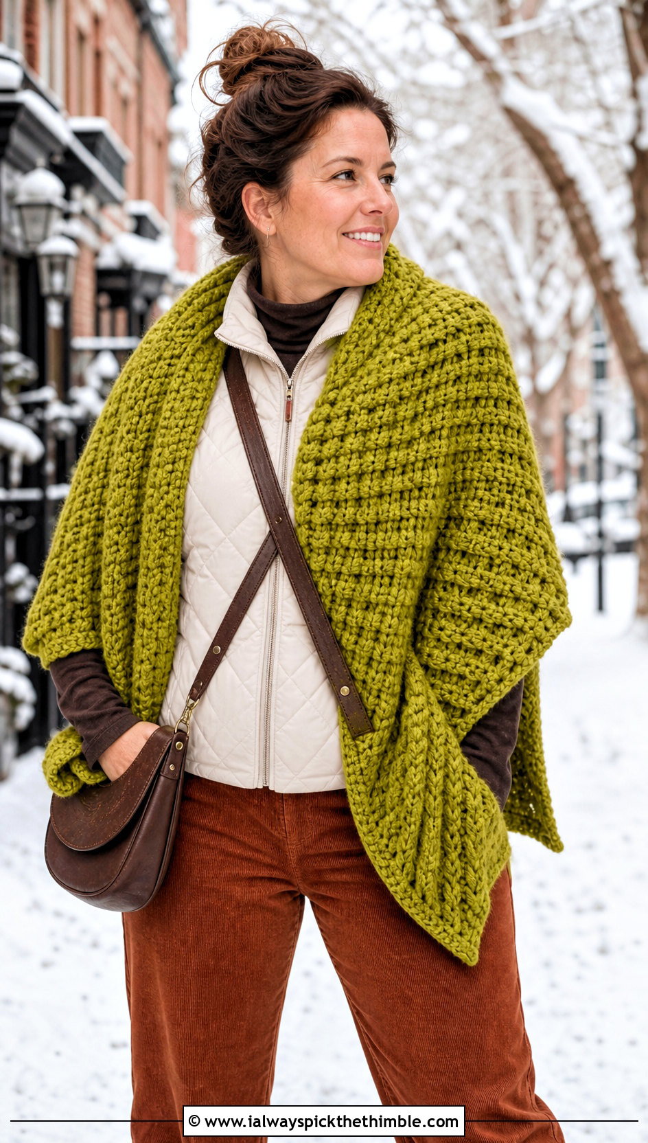Chunky Waffle Crochet Winter Shawl With Puffer Vest - 15 Waffle Crochet Shawl outfit ideas