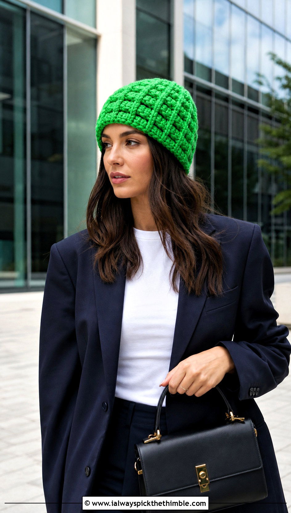 Chunky Waffle Stitch Beanie With Blazer And Jeans - 20 chunky yarn crochet beanie outfit ideas