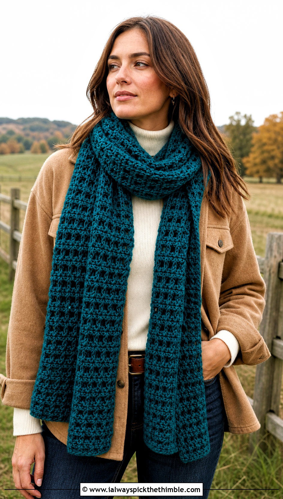 Chunky Waffle Stitch Crochet Scarf With Shacket - 20 Chunky Yarn Crochet Scarf outfit ideas