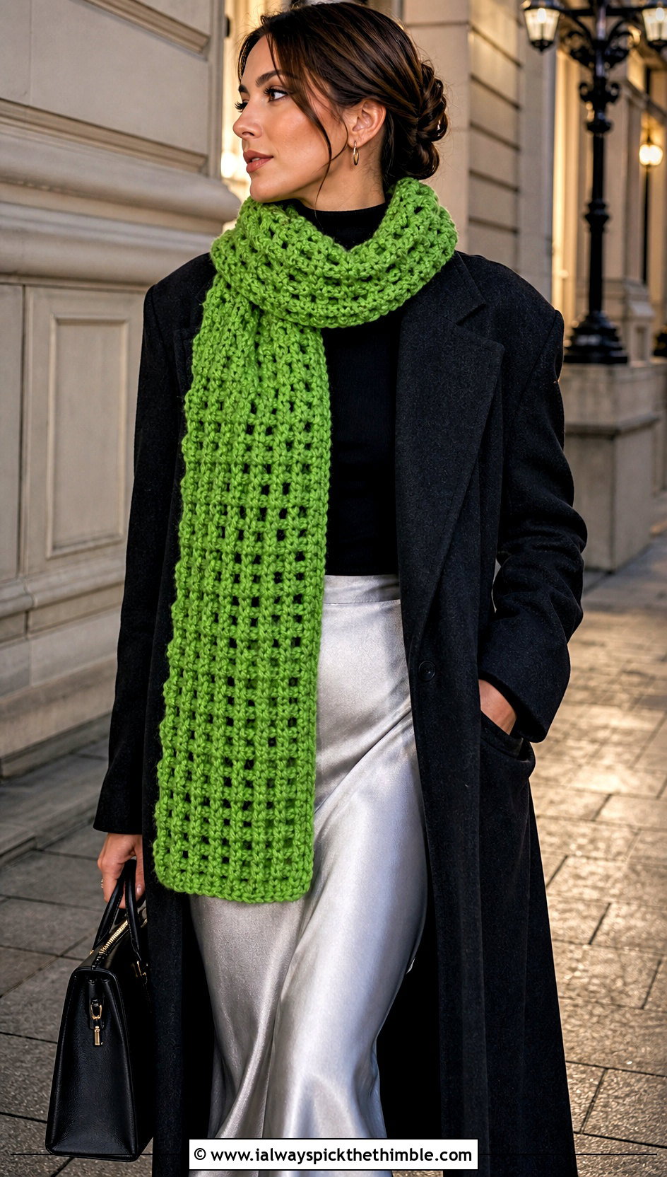 Chunky Waffle Stitch Crochet Scarf With Wool Coat And Satin Skirt - 20 waffle stitch crochet scarf outfit ideas