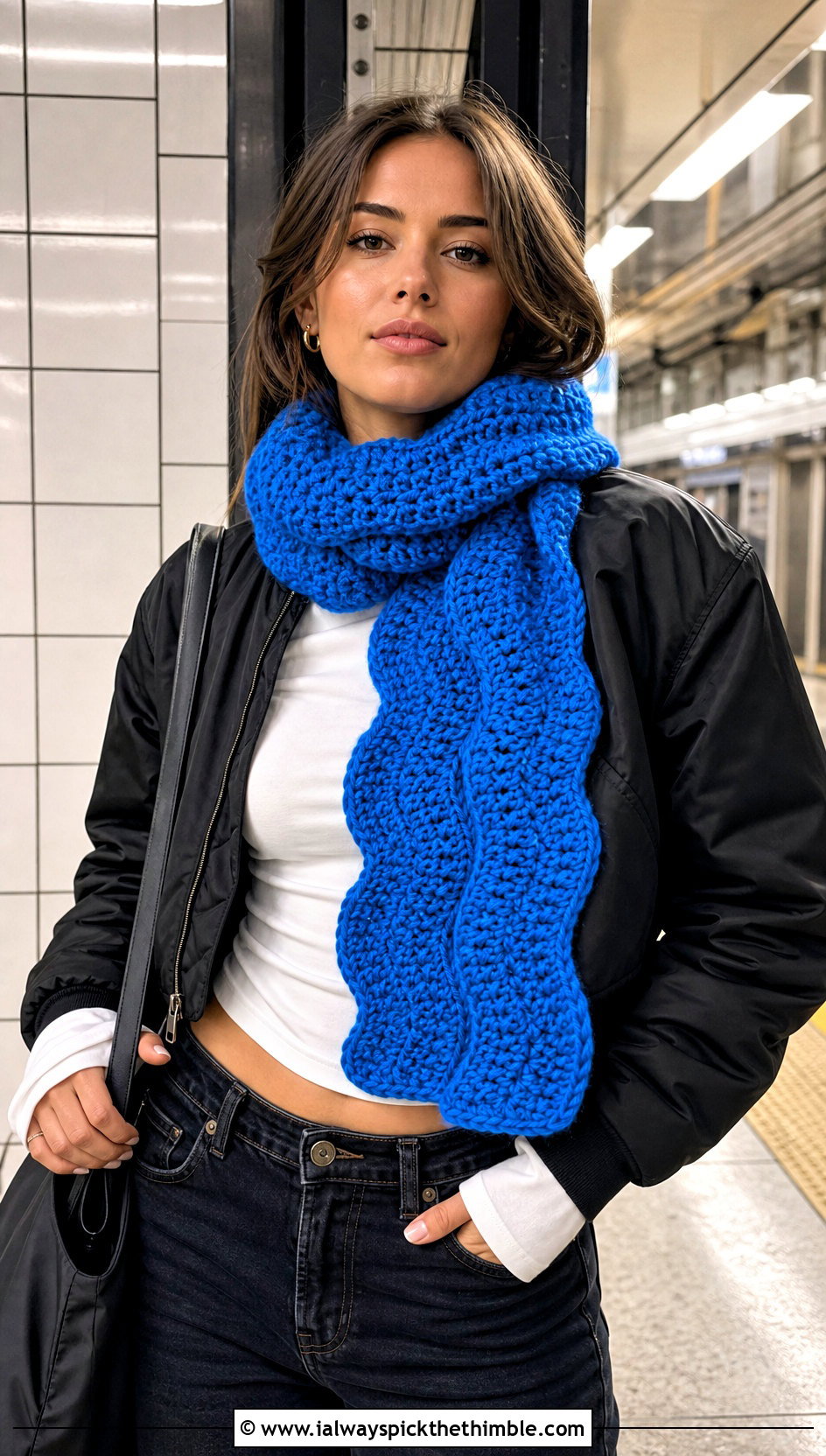 Chunky Wave Crochet Scarf With Bomber Jacket and Straight Jeans - 20 wavy crochet scarf outfit ideas