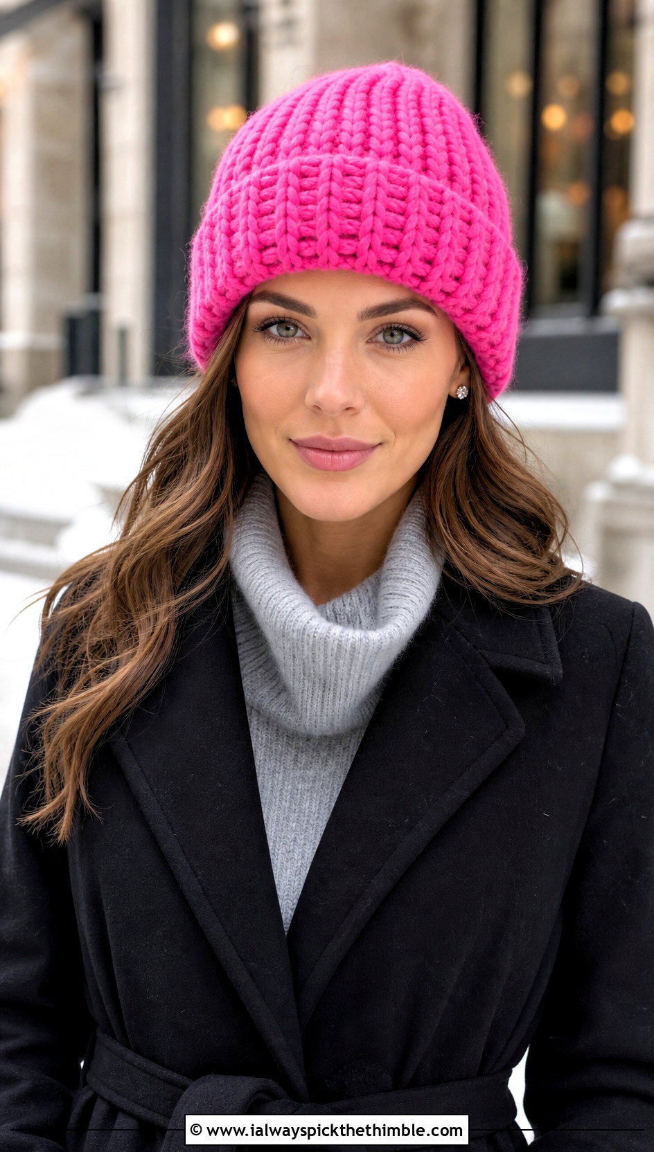 Chunky Wide Rib Crochet Beanie With Sweater Dress - 20 easy crochet ribbed beanie outfit ideas