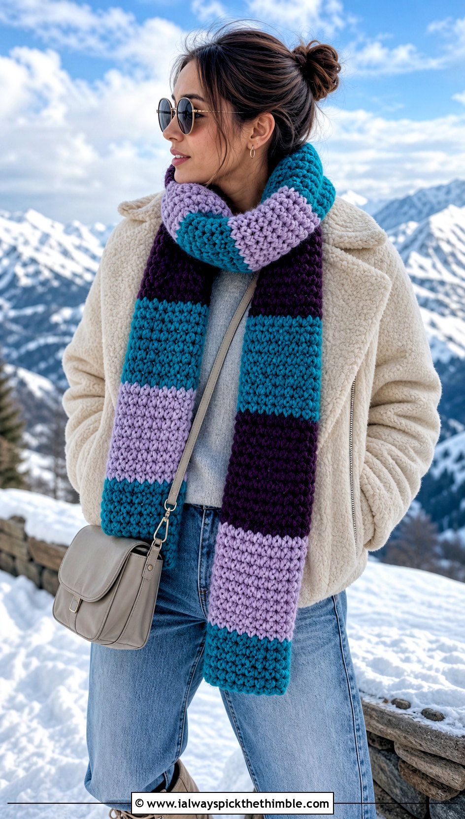 Chunky Wide Stripe Crochet Scarf With Shearling Jacket - 20 Stripe Crochet Scarf outfit ideas