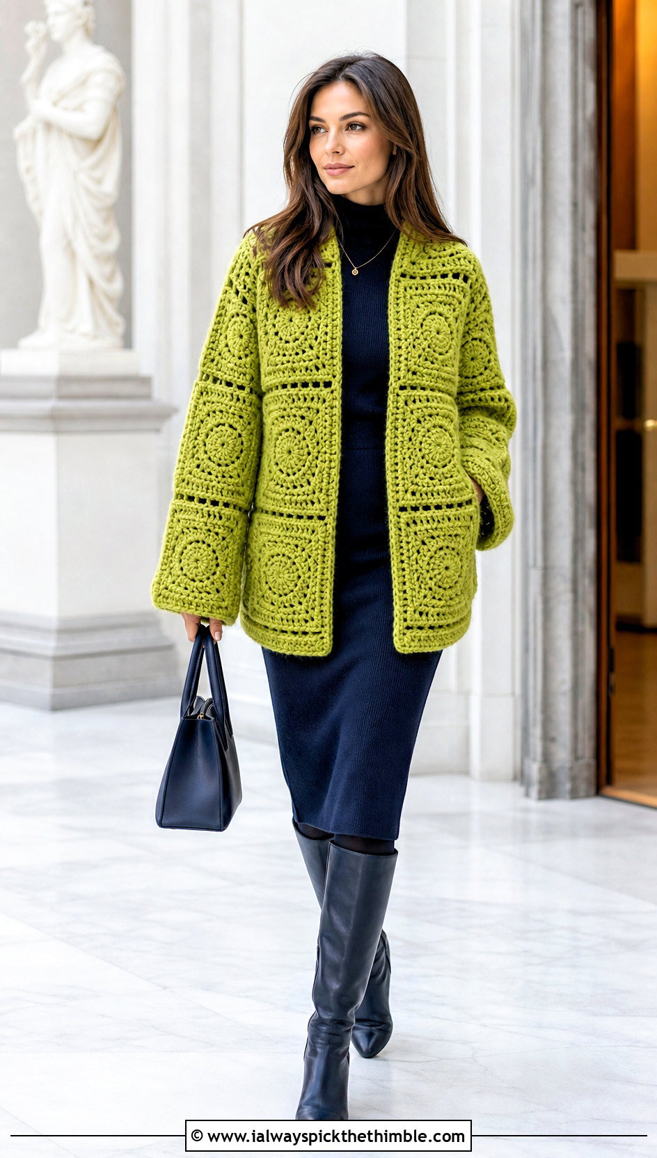 Chunky Winter Square Patch Cardigan With Wool Midi Dress - 20 Square Patch Crochet Cardigan outfit ideas