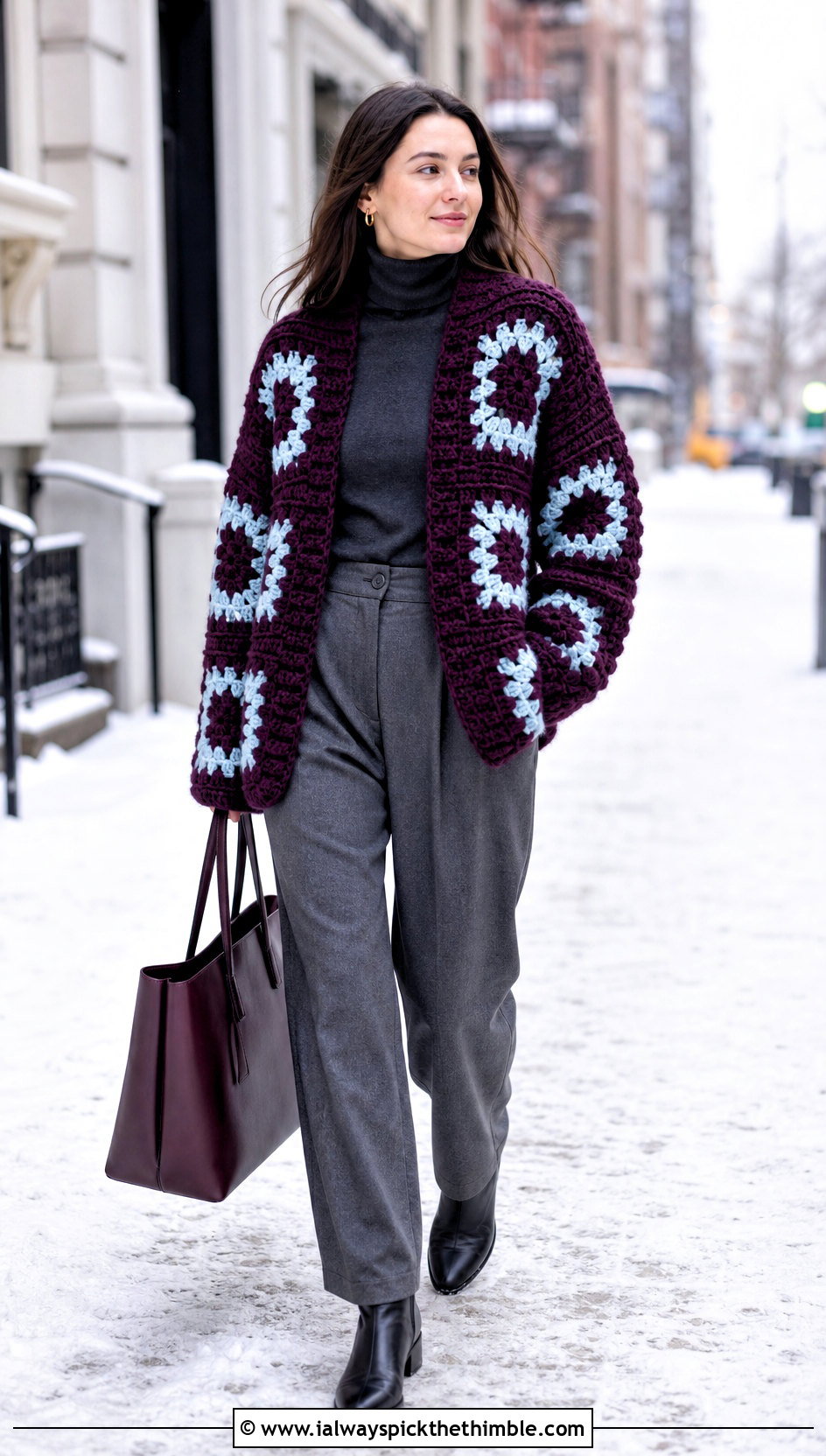 Chunky Wool Big Granny Square Cardigan With Wool Trousers - 25 Big Granny Square Cardigan outfit ideas
