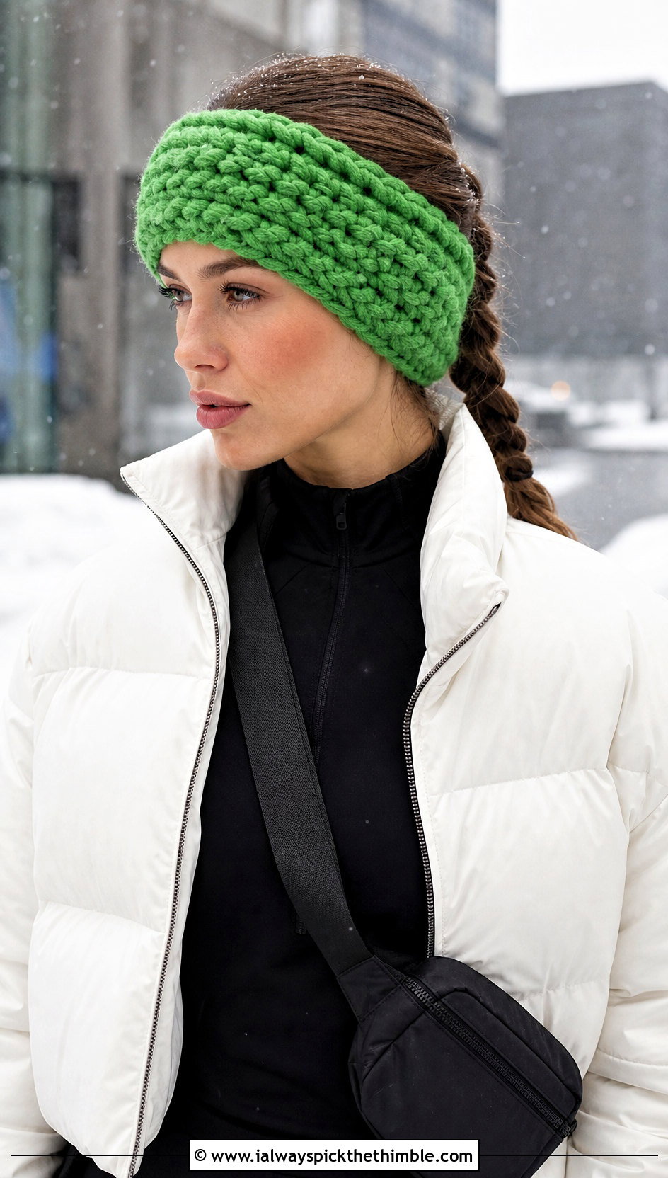Chunky Wool Crochet Braid Ear Warmer With Puffer And Leggings - 20 crochet braid headband outfit ideas