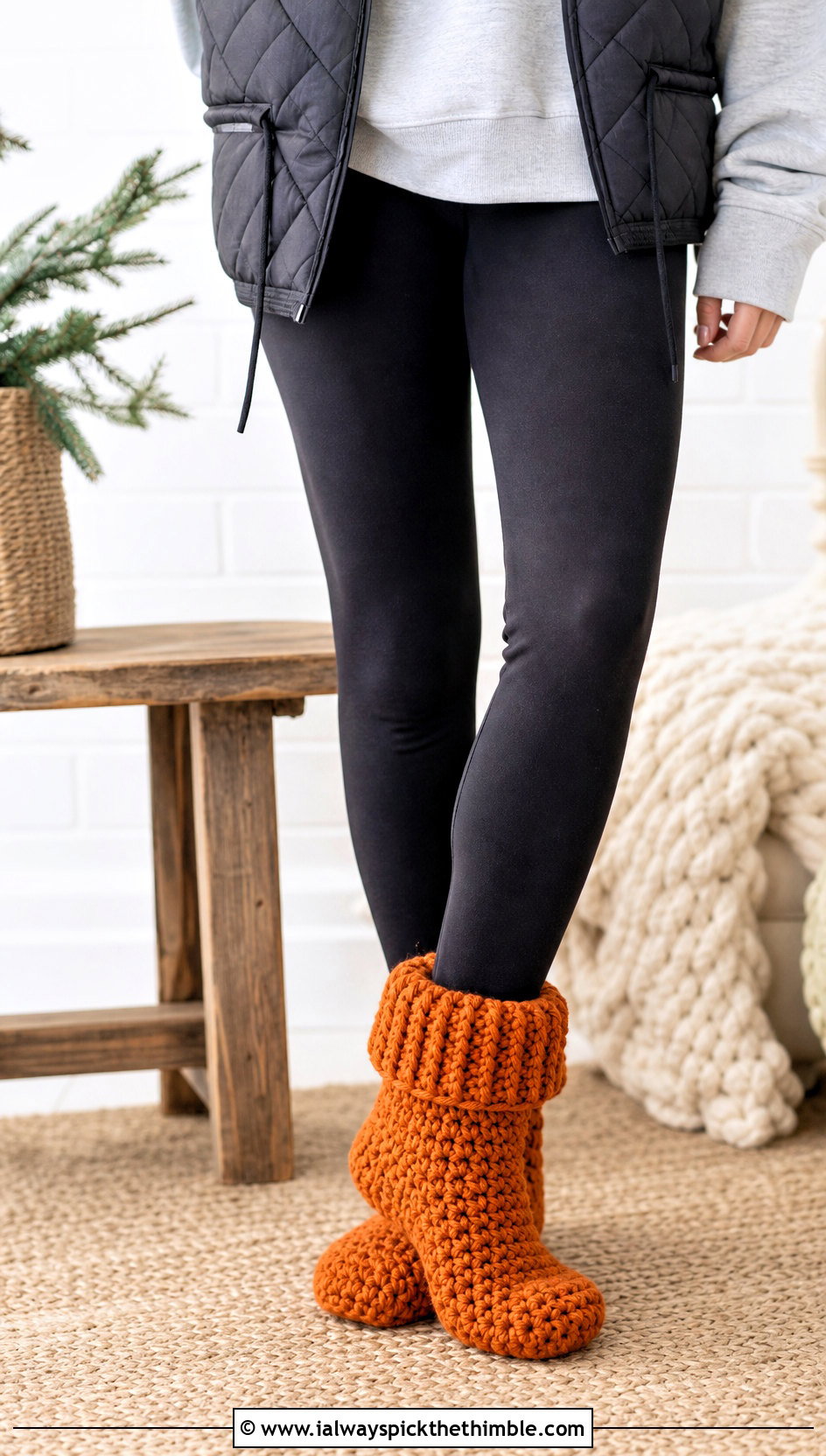 Chunky Wool Crochet Slipper Boot Socks With Leggings - 20 Wool Crochet Sock outfit ideas