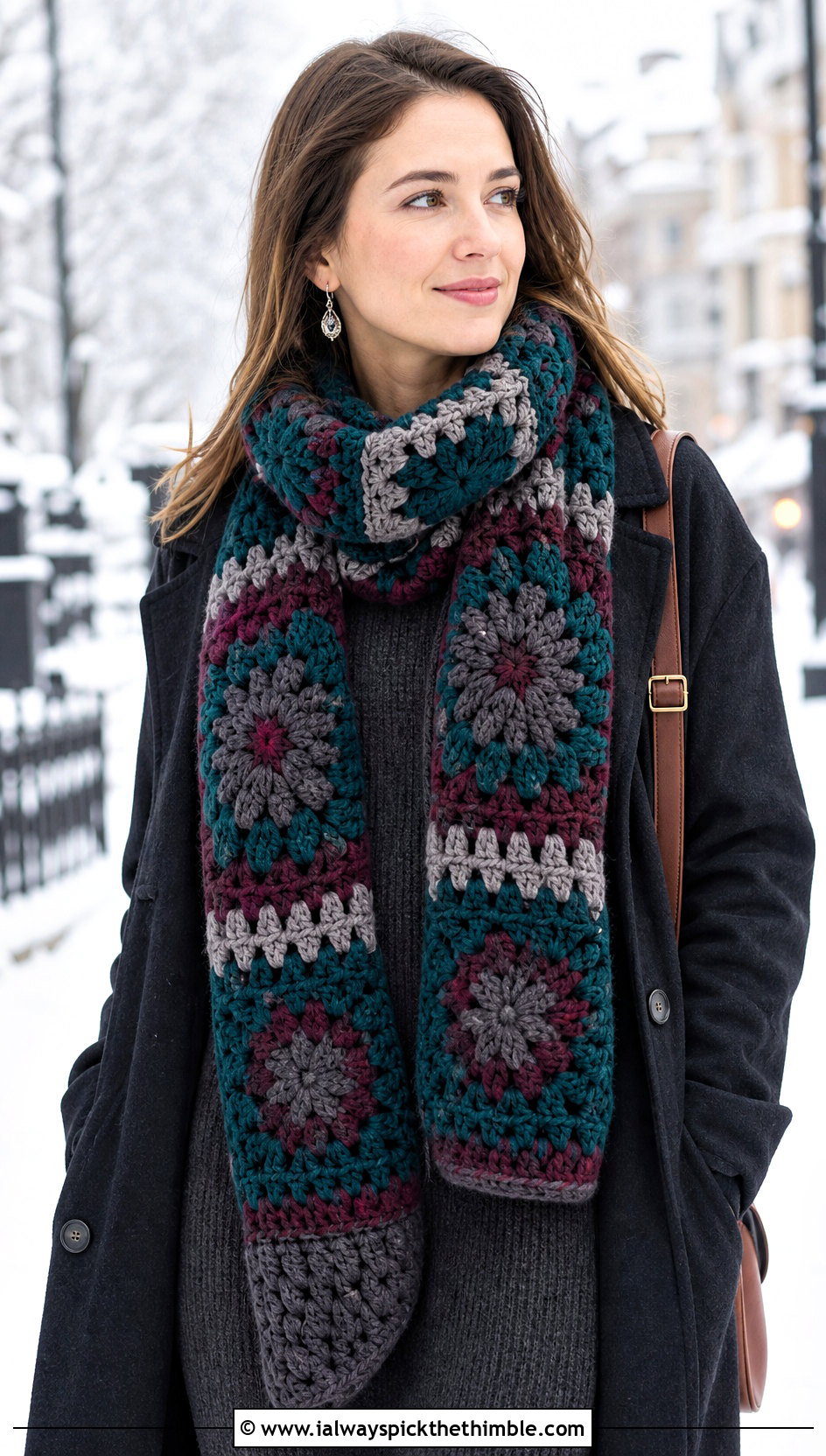 Chunky Wool Granny Square Crochet Scarf With Sweater Dress - 25 granny square crochet scarf outfit ideas