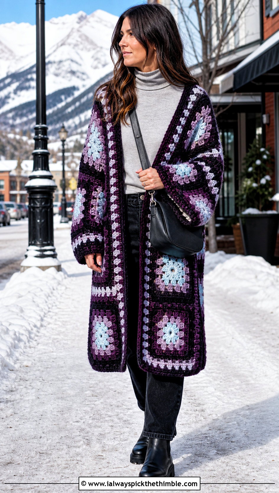 Chunky Wool Granny Square Kimono With Turtleneck And Jeans - 20 granny square kimono outfit ideas