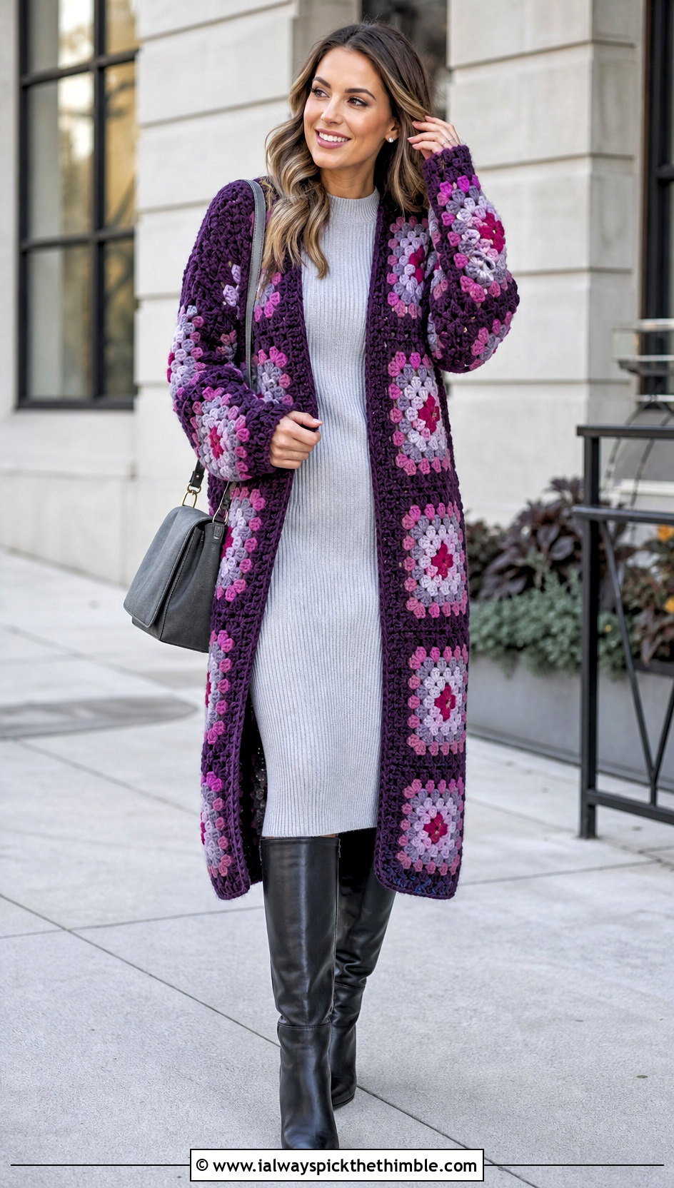 Chunky Wool Granny Square Long Cardigan With Sweater Dress - 25 long granny square cardigan outfit ideas