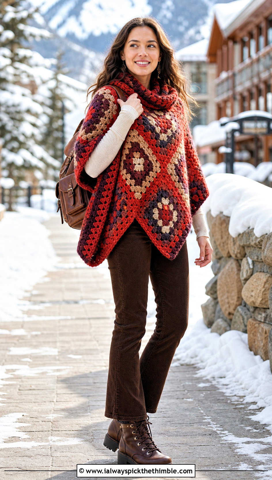 Chunky Wool Granny Square Poncho With Corduroy Pants - 25 crochet granny square poncho outfit ideas