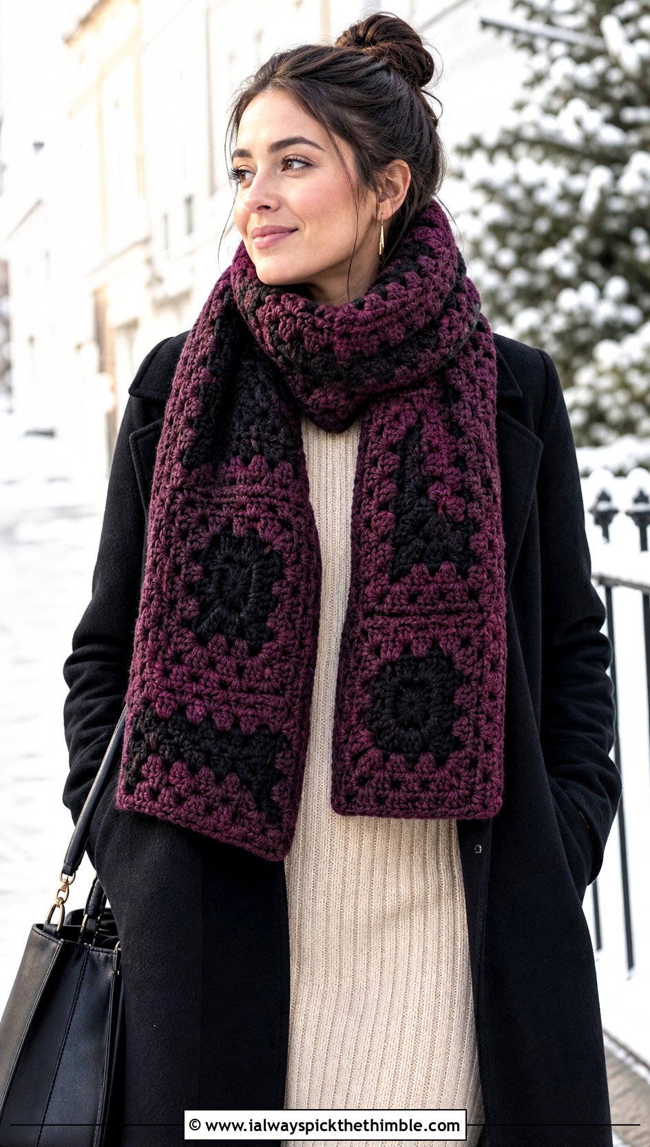 Chunky Wool Granny Square Scarf With Sweater Dress And Tall Boots - 20 granny square scarves outfit ideas
