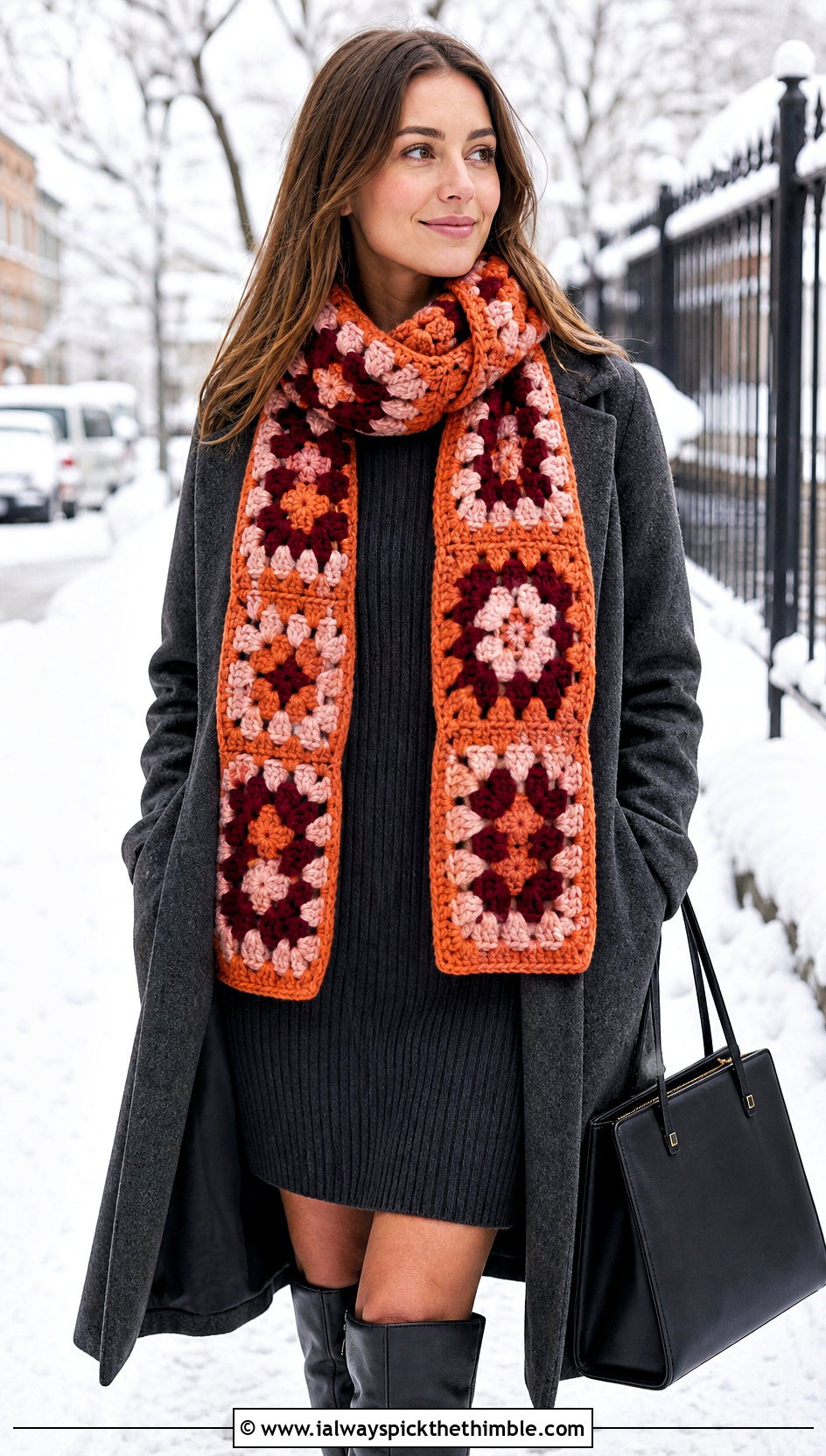 Chunky Wool Granny Square Scarf With Sweater Dress And Tall Boots - 25 granny square scarf outfit ideas