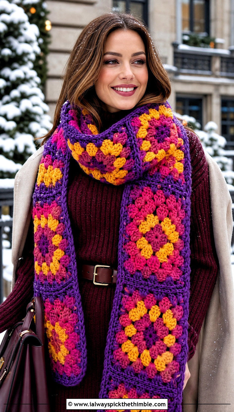 Chunky Wool Granny Square Scarf With Sweater Dress And Tall Boots - 20 crochet granny square scarf outfit ideas