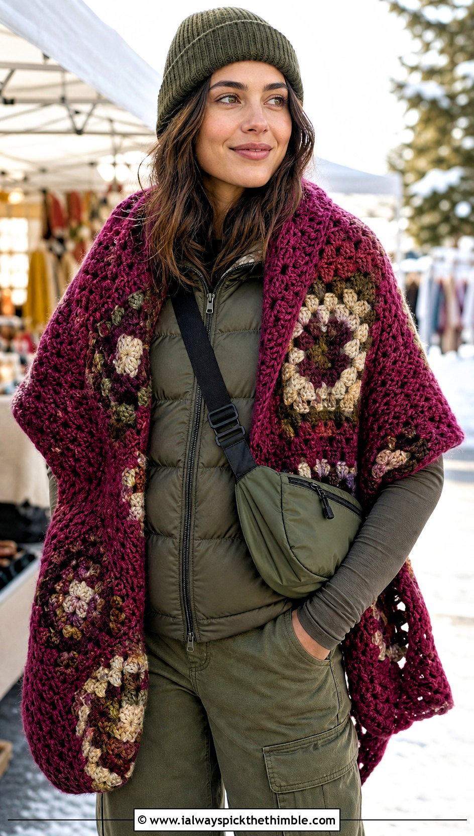Chunky Wool Granny Square Wrap With Puffer Vest - 20 granny square wrap outfit ideas
