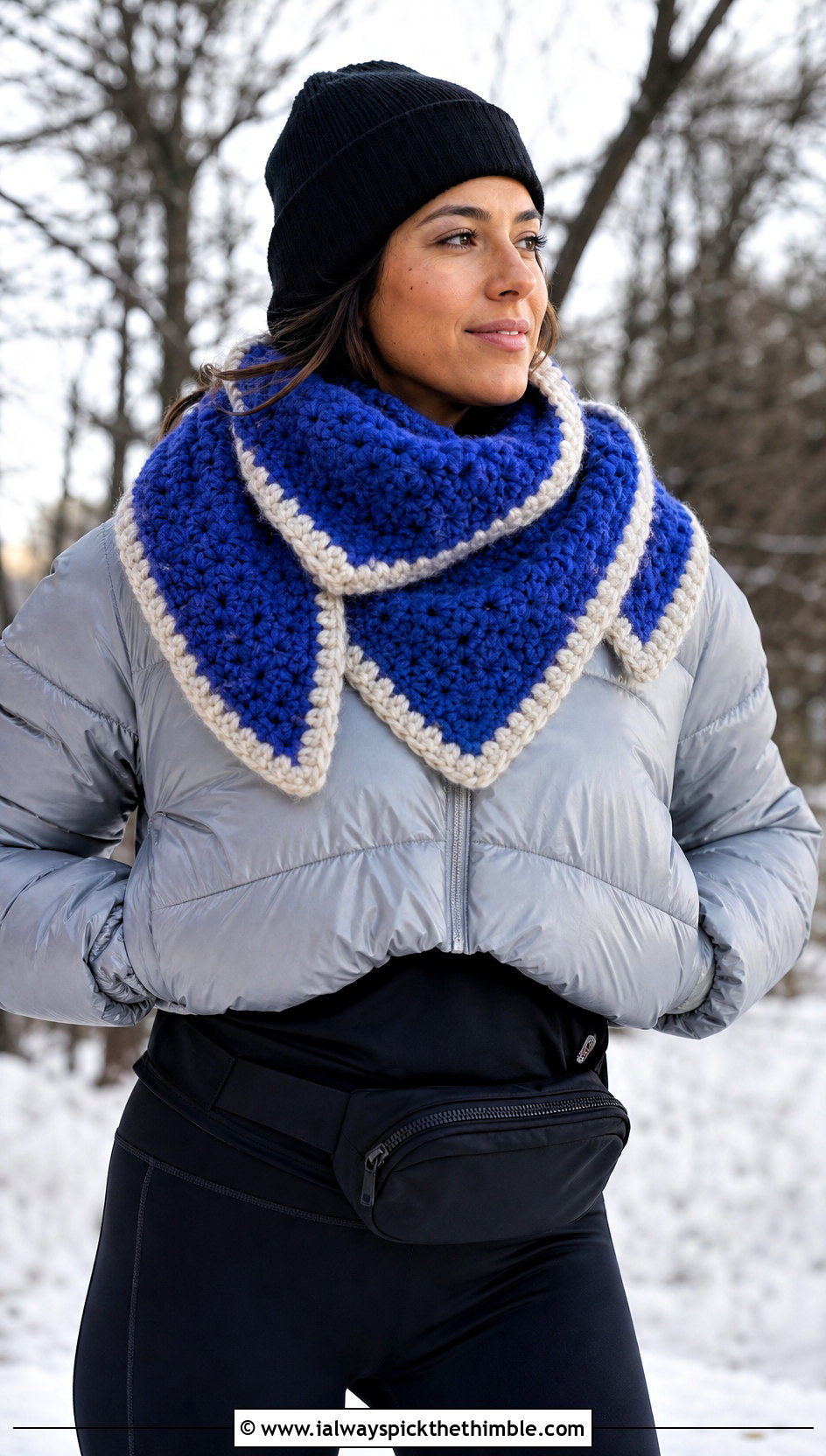 Chunky Wool Square Scarf With Puffer Jacket And Leggings - 20 crochet scarf squares outfit ideas