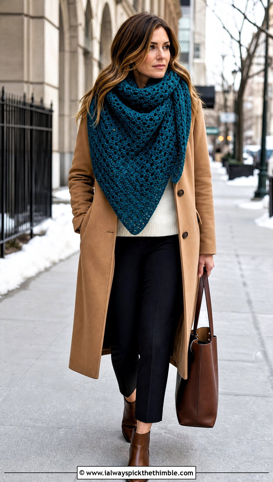 Chunky Wool Triangle Crochet Shawl With Trench Coat - 25 triangle crochet shawl outfit ideas