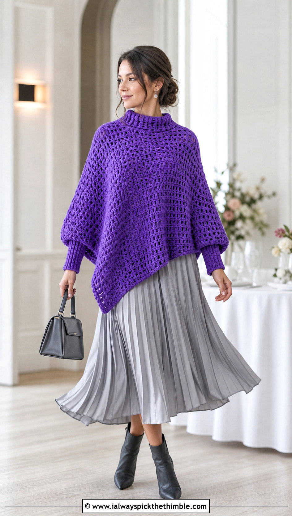 Chunky Yarn Crochet Poncho Sweater With Cuffs and Pleated Midi Skirt - 20 Chunky Yarn Crochet Poncho outfit ideas