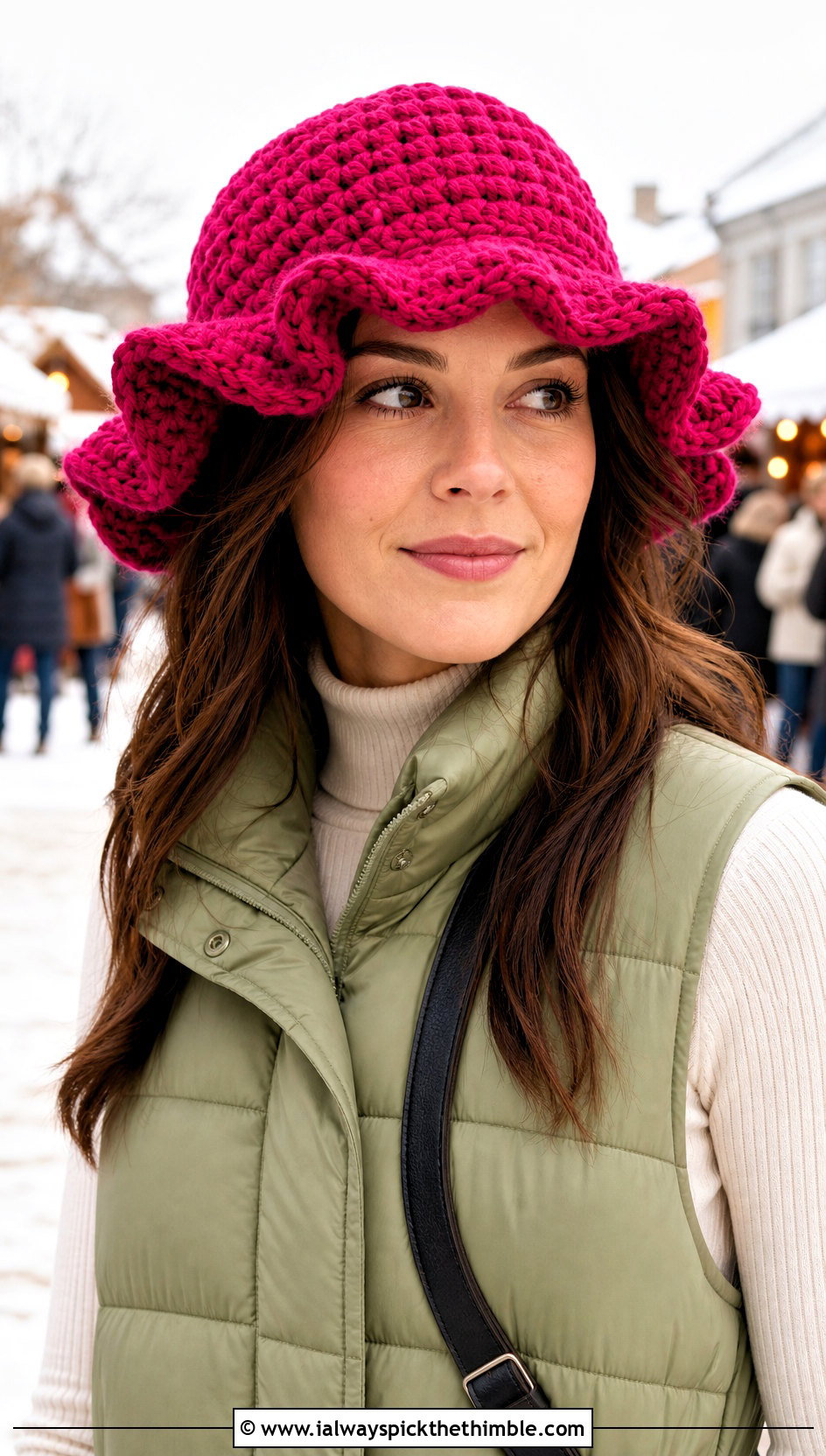Chunky Yarn Crochet Ruffle Bucket Hat With Puffer Vest - 25 crochet ruffle bucket hat outfit ideas