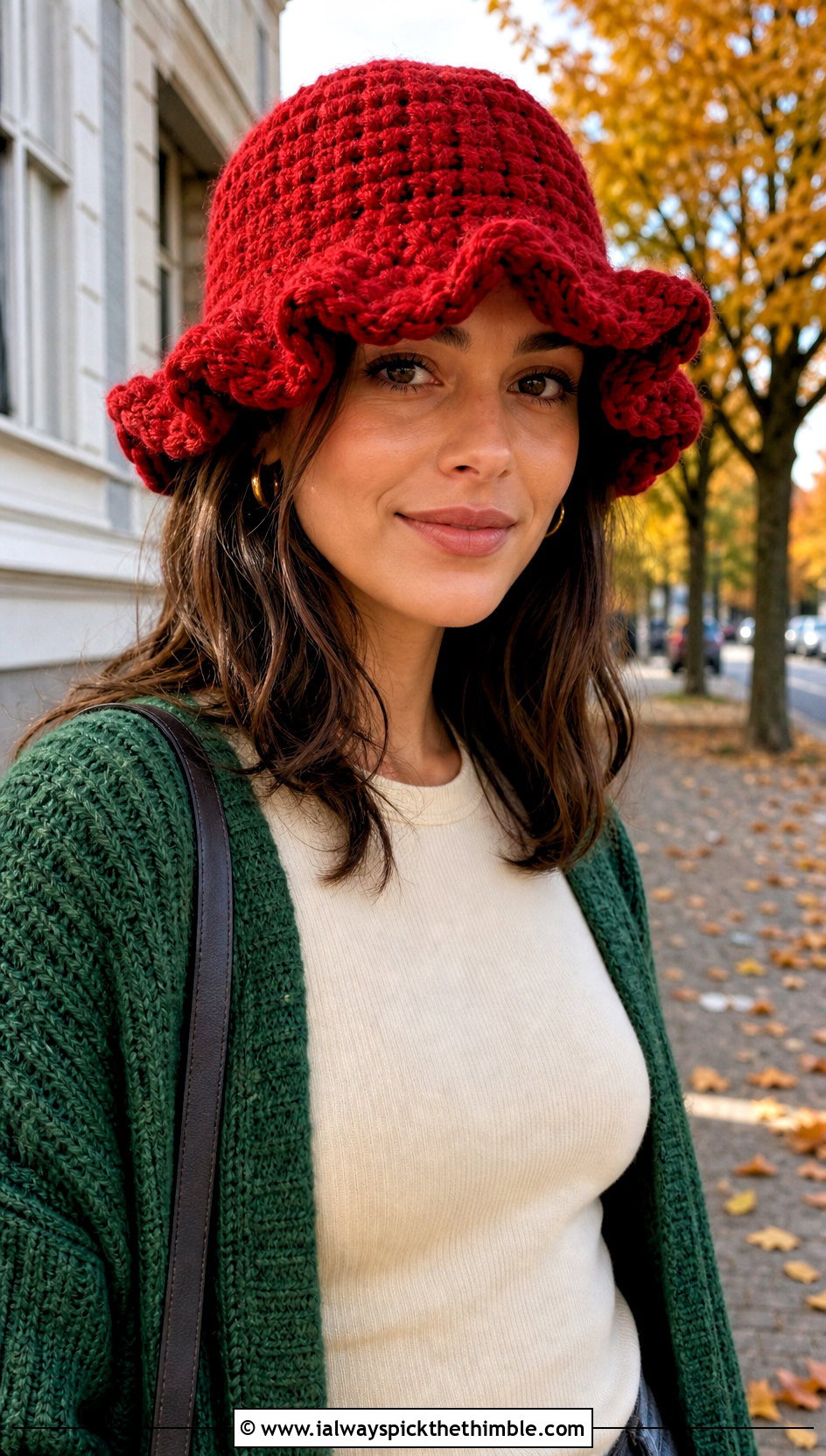 Chunky Yarn Ruffle Crochet Bucket Hat With Cardigan And Corduroy Pants - 20 Frilly Crochet Bucket Hat outfit ideas