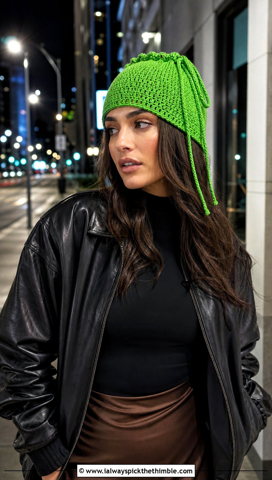 Cinch Top Crochet Tube Hat With Leather Bomber Jacket - 20 Crochet Tube Hat outfit ideas