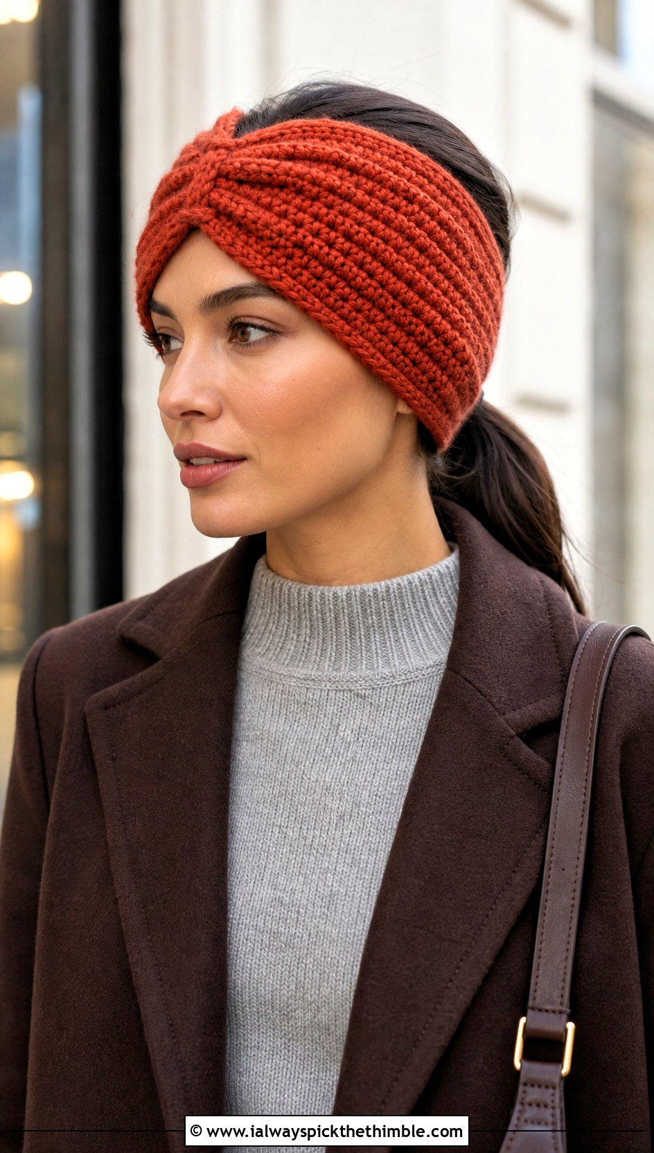 Cinched Crochet Ear Warmer With Sweater Dress - 25 crochet ear warmer outfit ideas