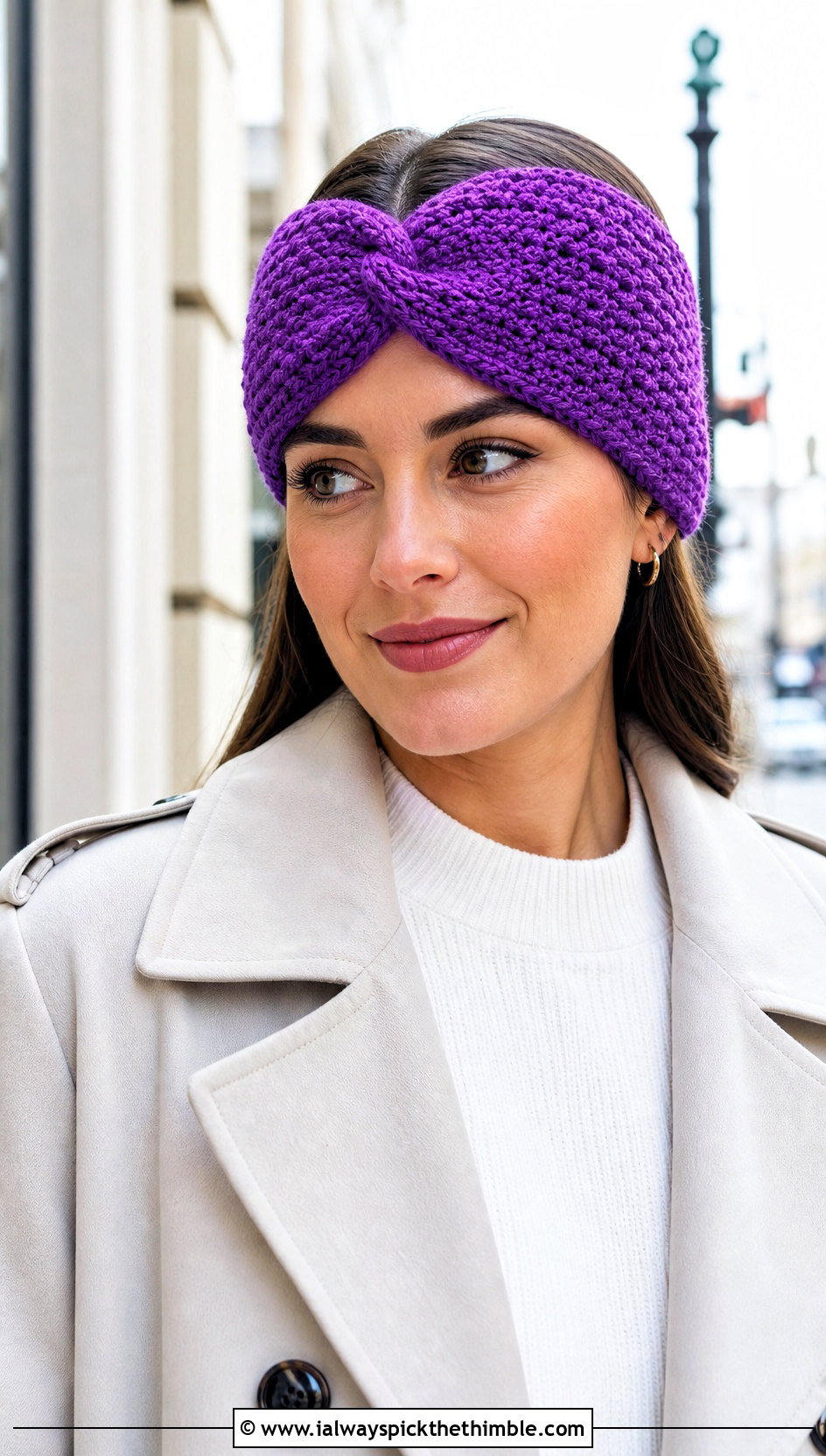 Cinched Crochet Ear Warmer With Trench Coat - 25 crochet ear warmers outfit ideas