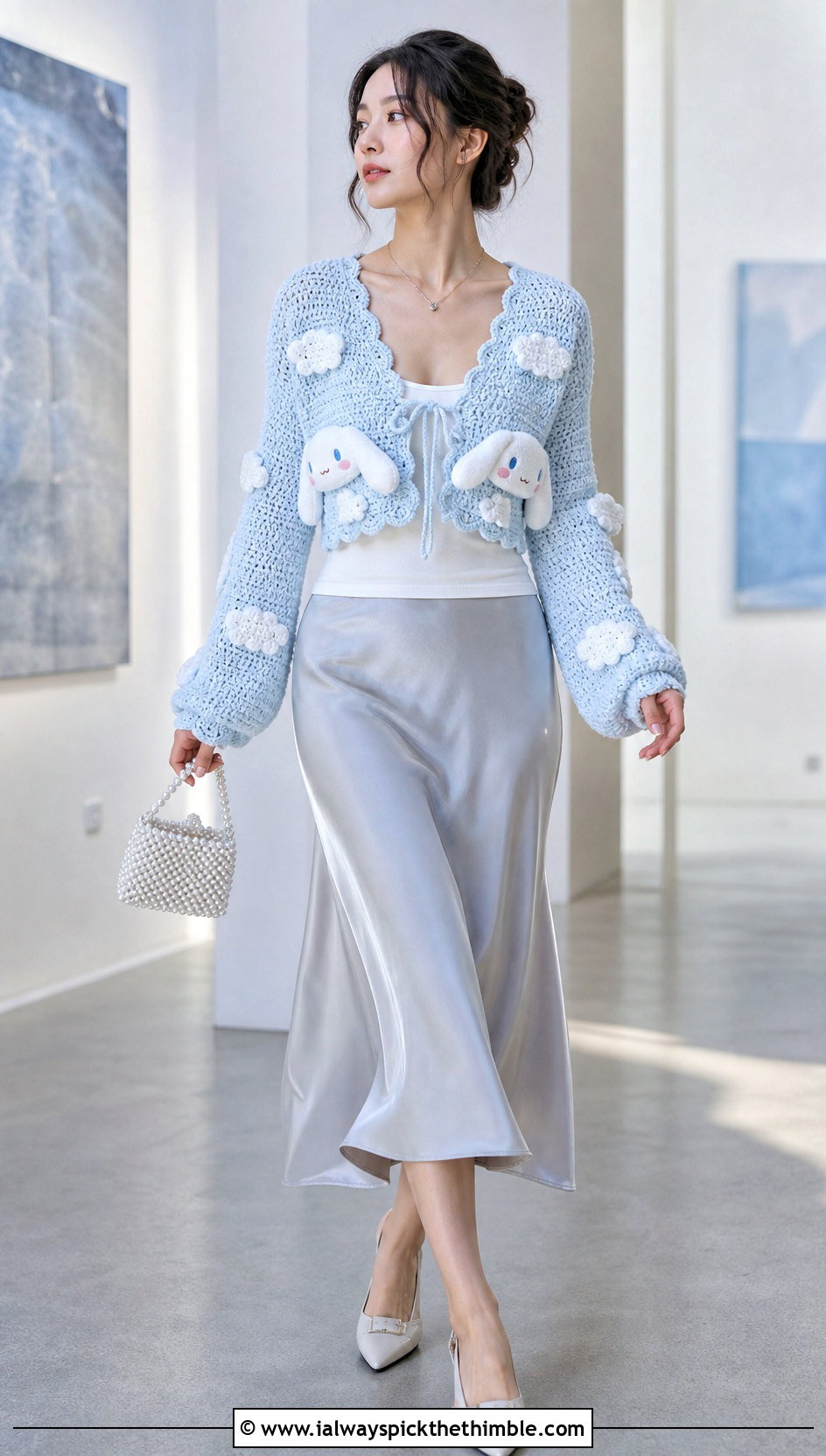 Cinnamoroll Crochet Cropped Cardigan With Satin Skirt - 20 Sanrio Crochet Clothes and outfit ideas