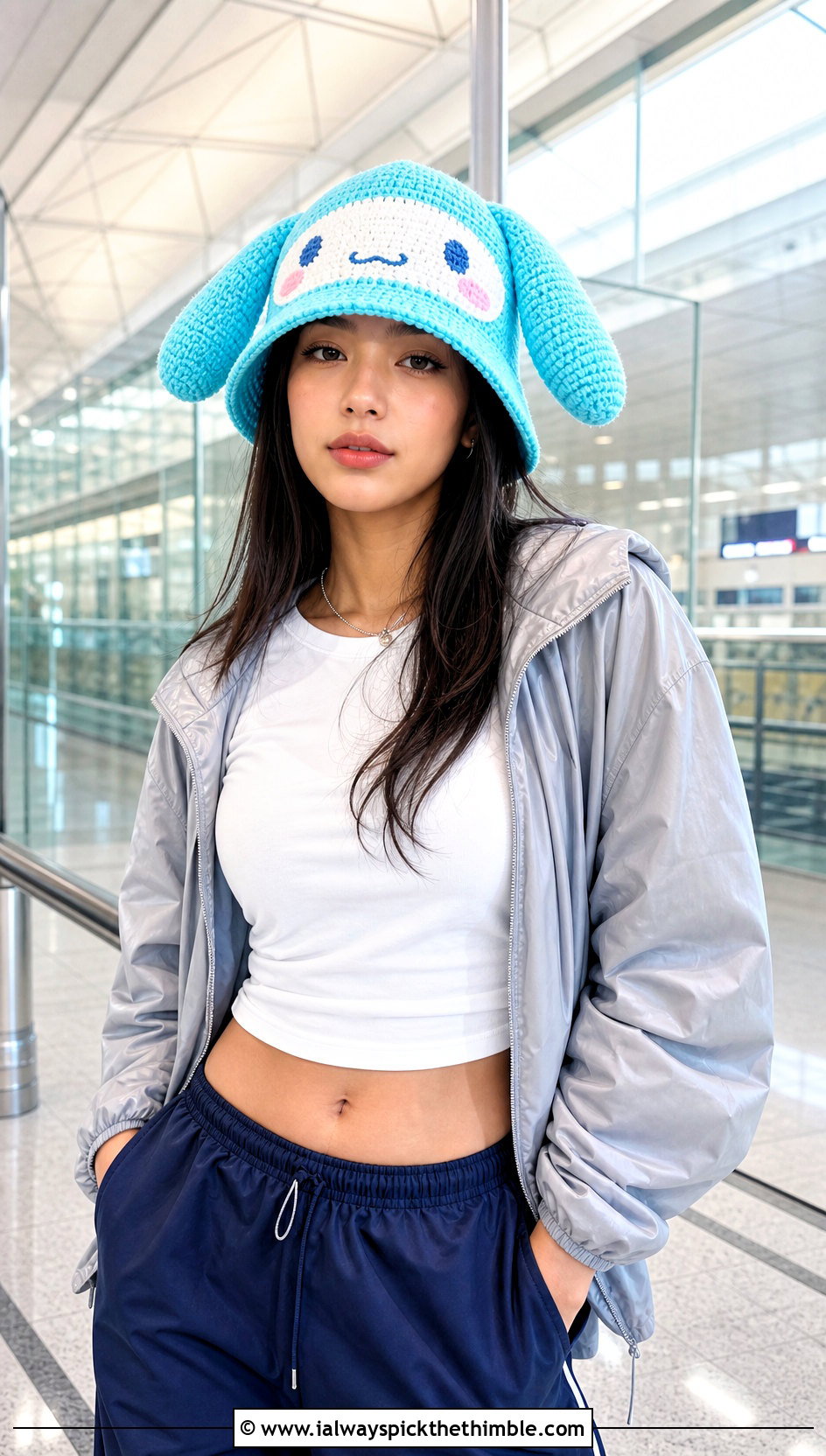 Cinnamoroll Crochet Long Ear Bucket Hat With Track Pants - 20 sanrio crochet hat outfit ideas