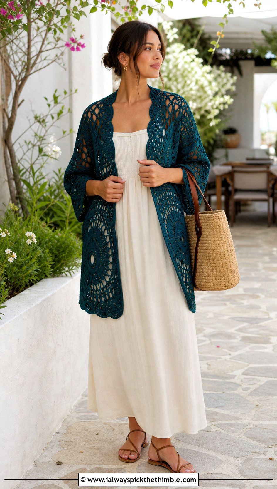 Circle Boho Crochet Cardigan With Cotton Maxi Dress - 25 crochet boho cardigan outfit ideas