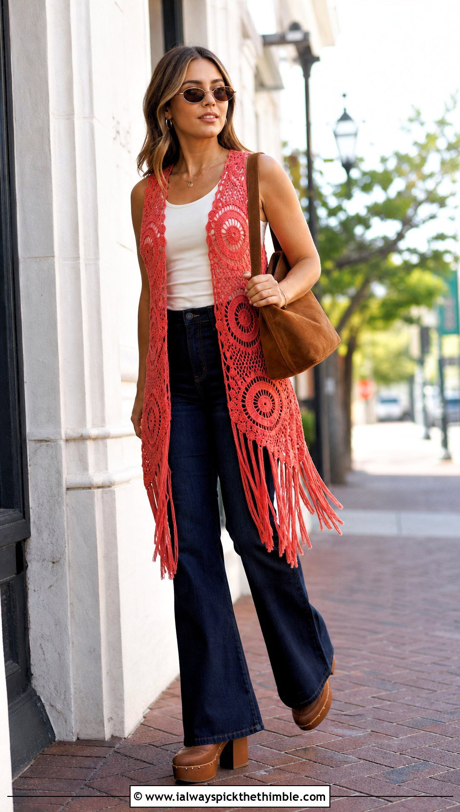 Circle Coral Fringe Vest With Flare Jeans - 15 coral fringe vest in knit crochet boho style outfit ideas