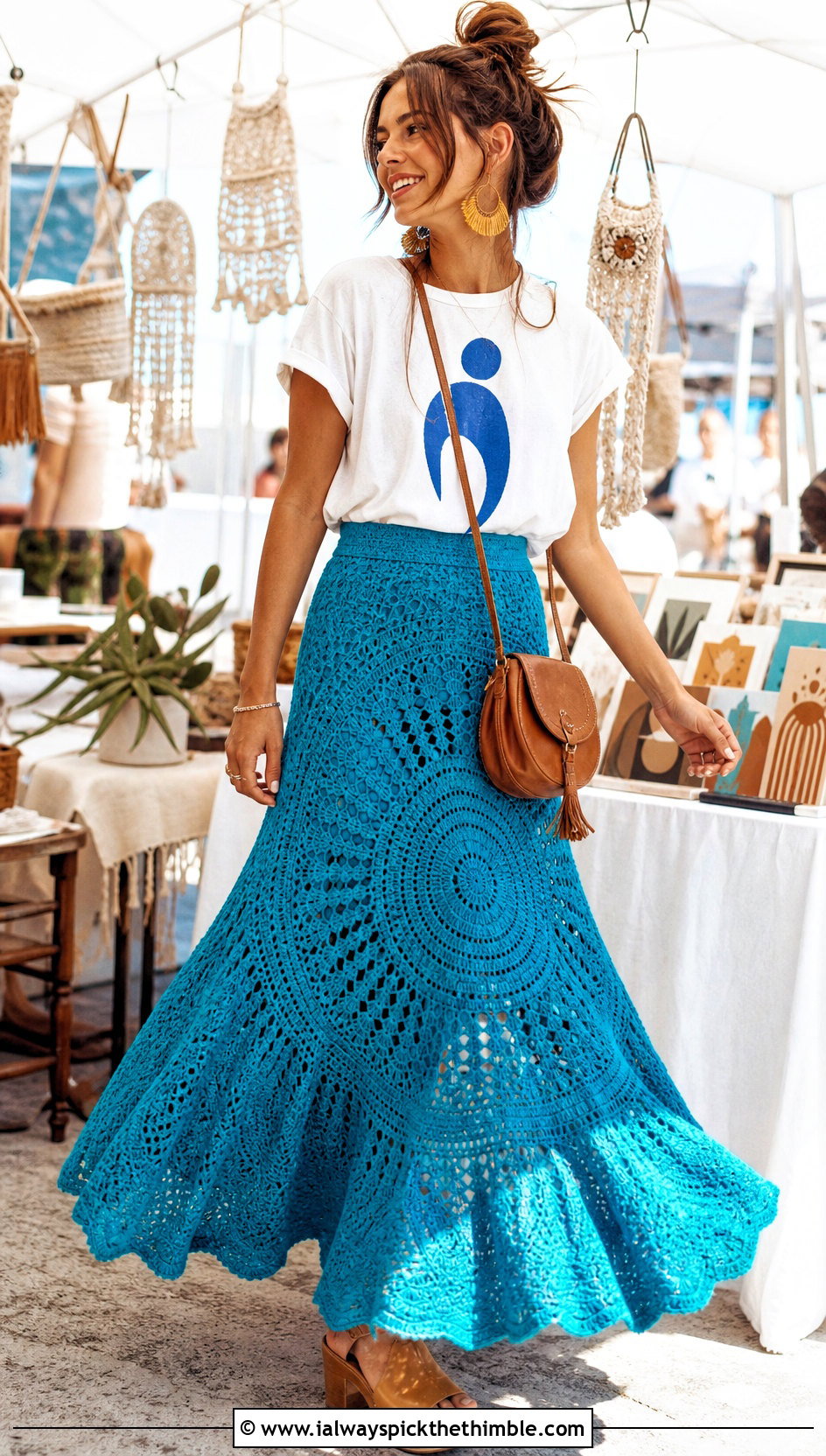 Circle Crochet Long Skirt With Graphic T Shirt And Clogs - 15 Crochet Long Skirt Aesthetic outfit ideas