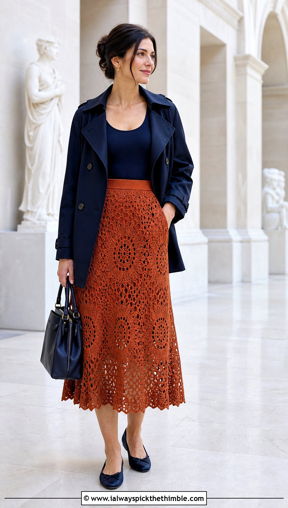 Circle Crochet Midi Skirt With Cropped Trench Coat - 20 Beginner Crochet Skirt outfit ideas