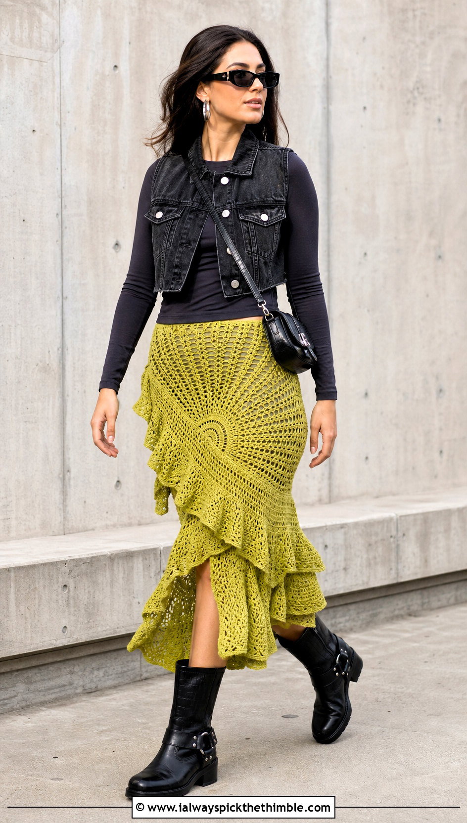 Circle Crochet Ruffle Skirt With Moto Boots - 25 crochet ruffle skirt outfit ideas